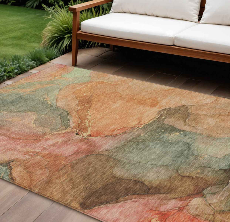 10' X 14' Coral Brown And Mint Green Abstract Washable Indoor Outdoor Area Rug