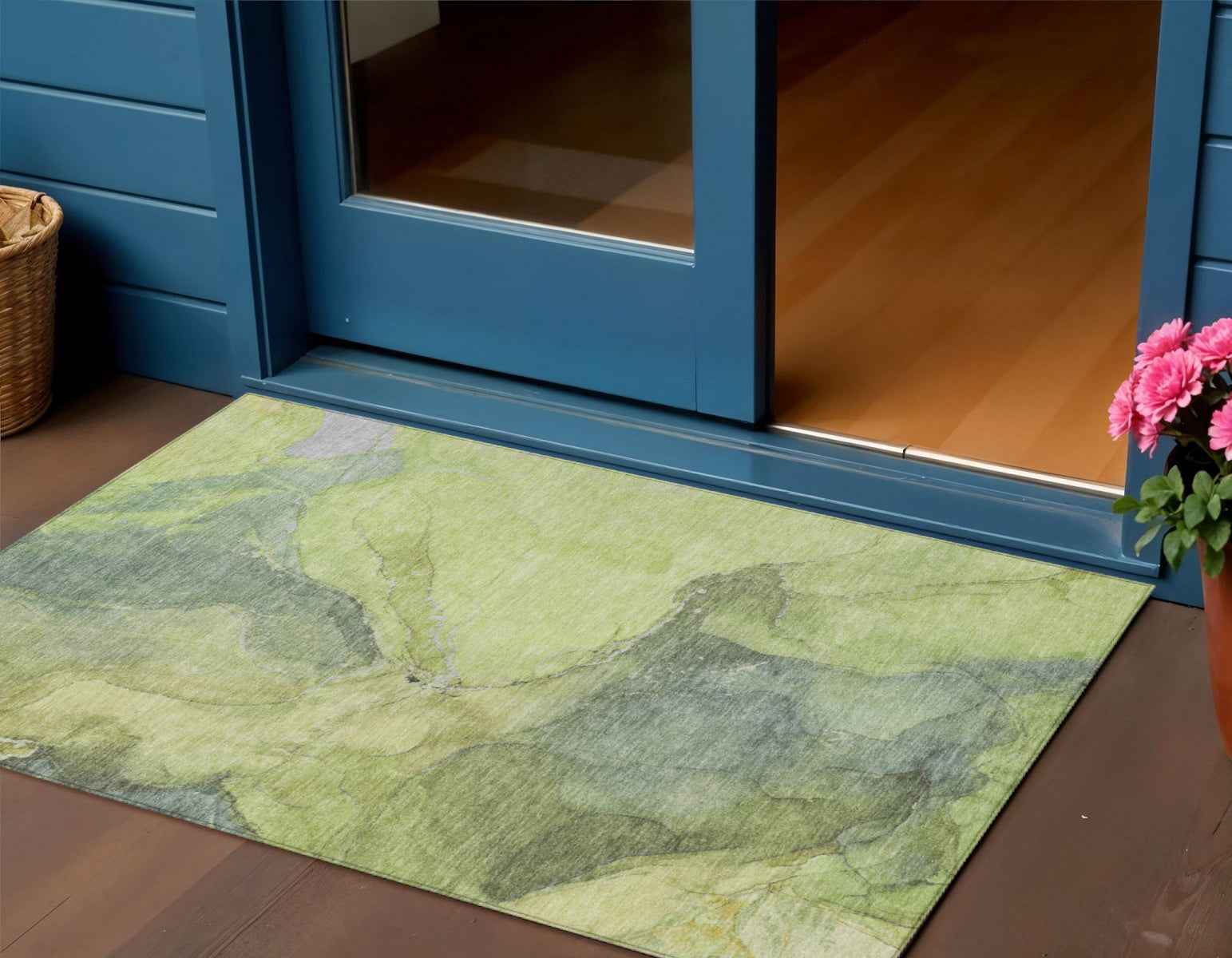 3' X 5' Green And Gray Abstract Washable Indoor Outdoor Area Rug