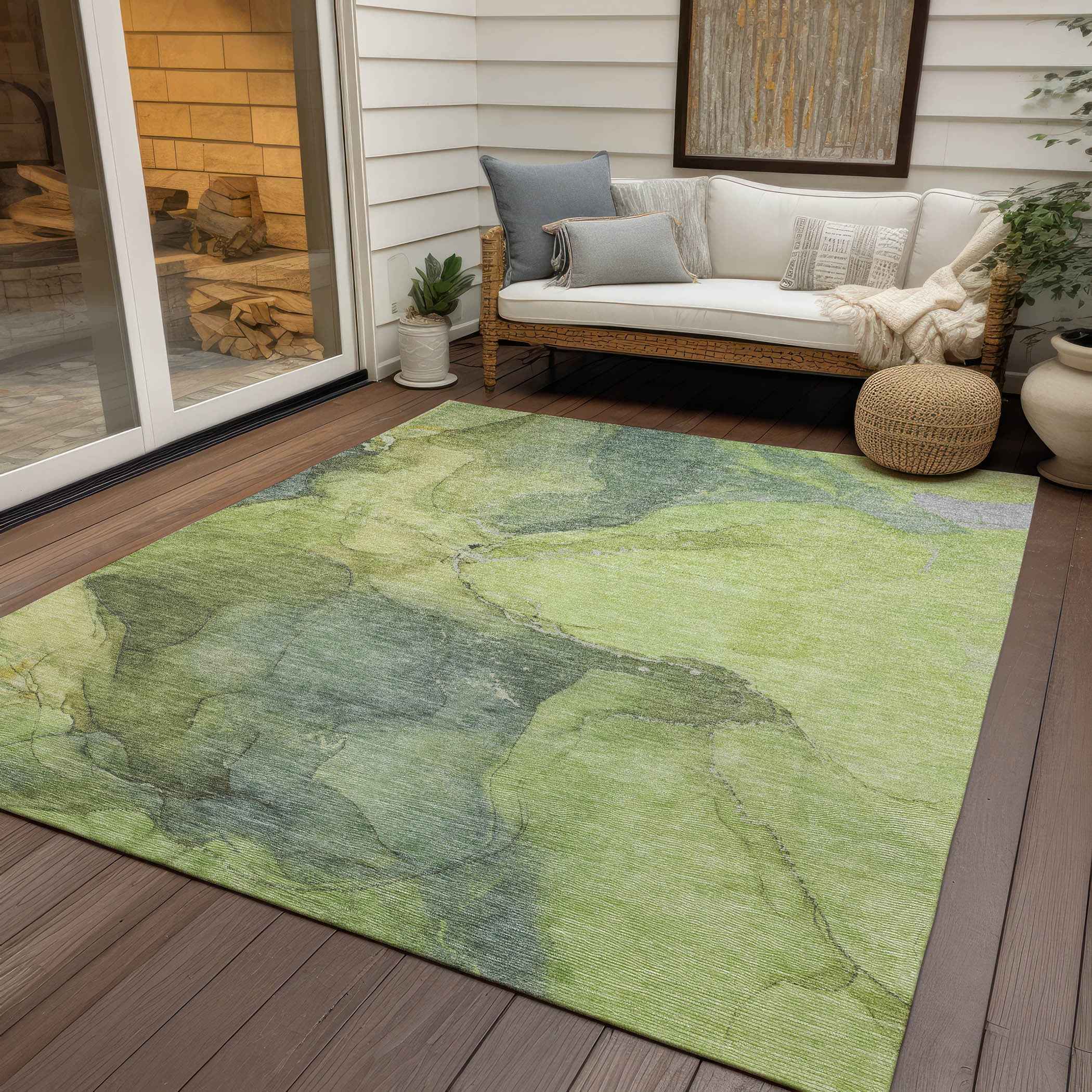 3' X 5' Green And Gray Abstract Washable Indoor Outdoor Area Rug