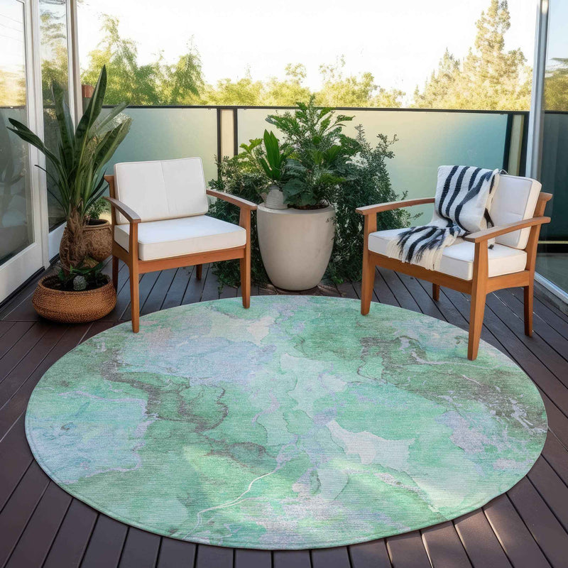 8' Pale Aqua And Mint Green Round Abstract Washable Indoor Outdoor Area Rug