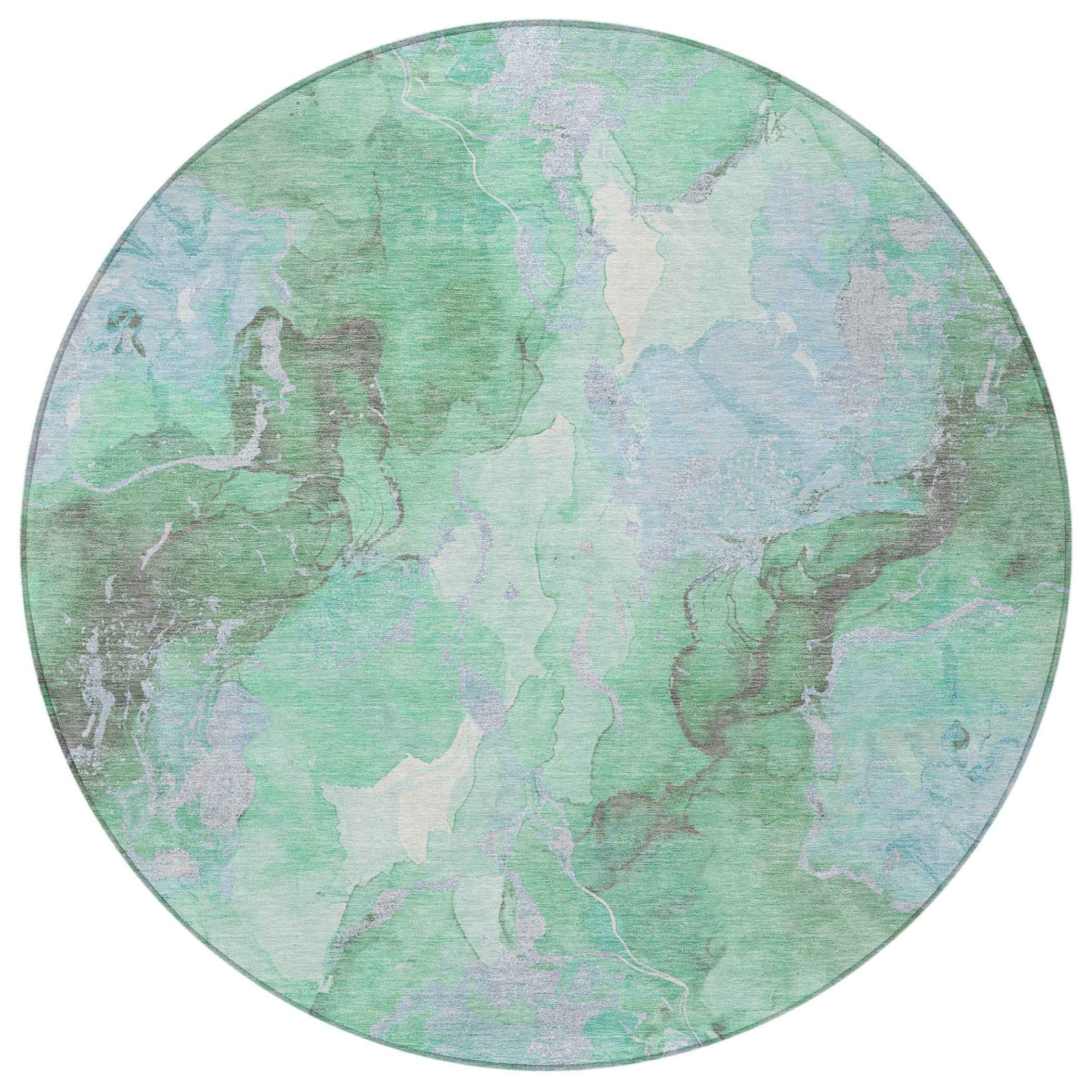 8' Pale Aqua And Mint Green Round Abstract Washable Indoor Outdoor Area Rug