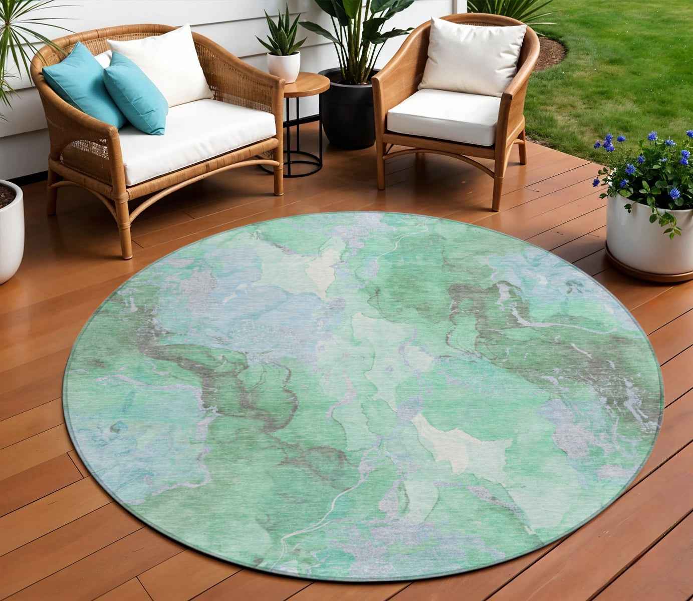 8' Pale Aqua And Mint Green Round Abstract Washable Indoor Outdoor Area Rug