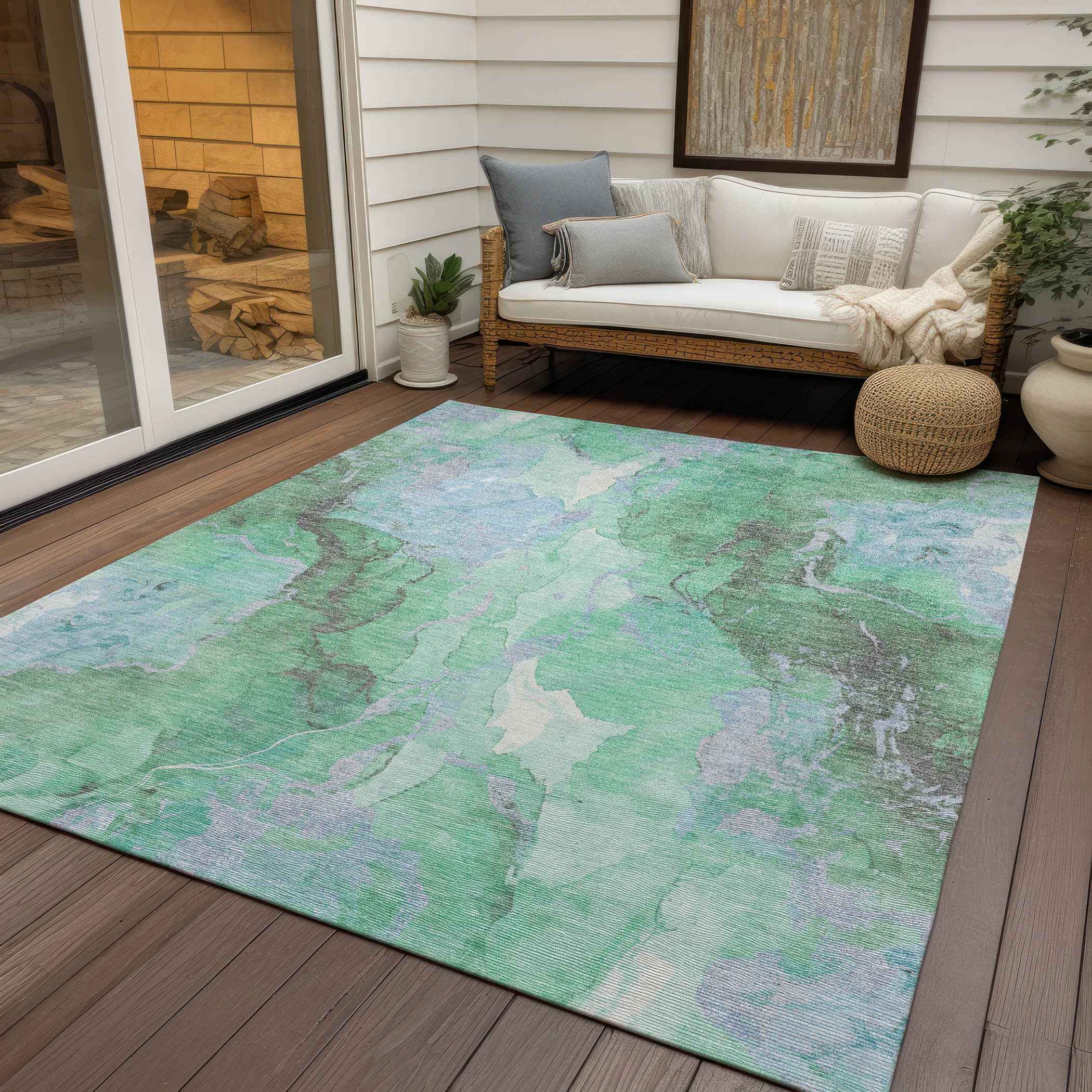 8' X 10' Pale Aqua And Mint Green Abstract Washable Indoor Outdoor Area Rug