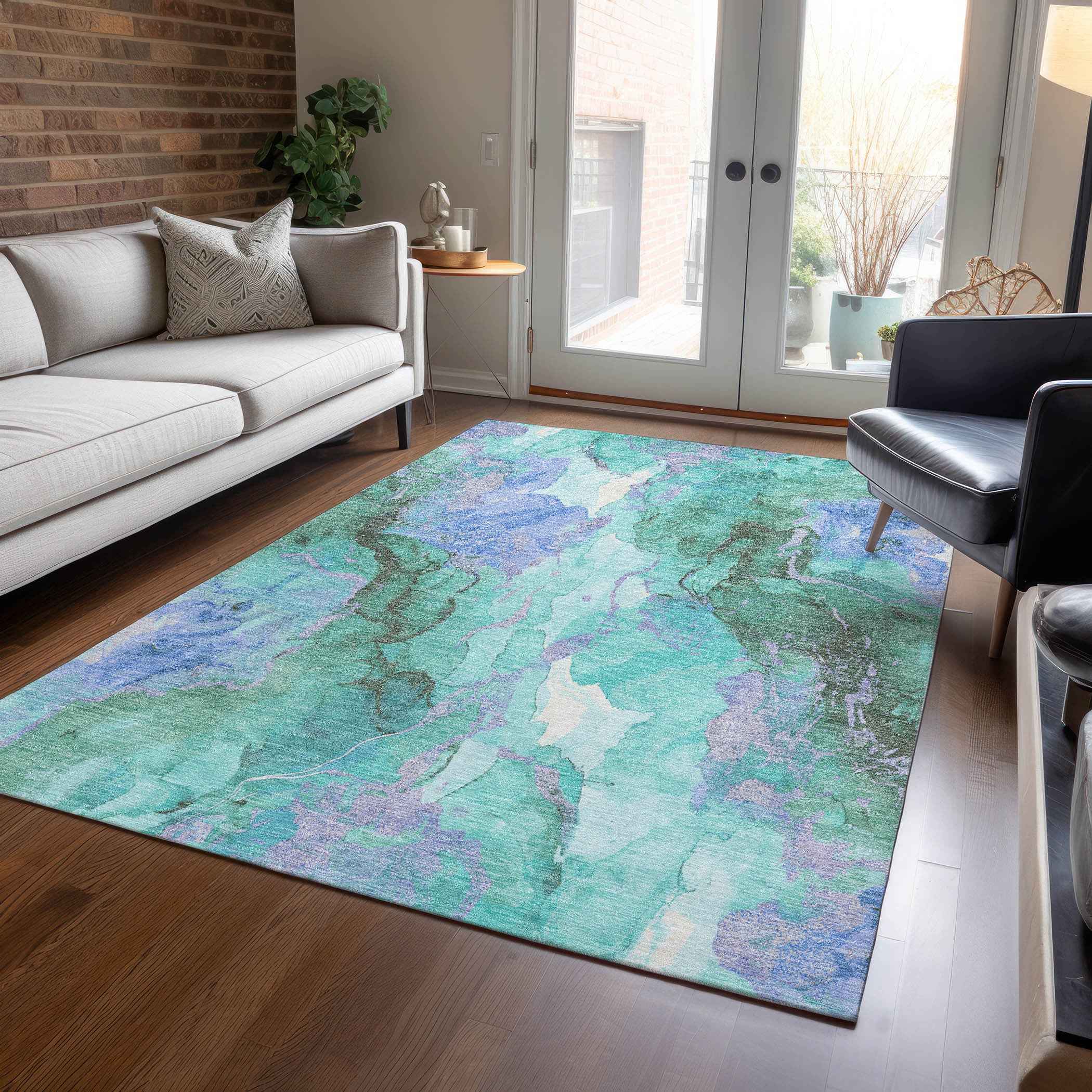 5' X 8' Teal Blue And Mint Green Abstract Washable Indoor Outdoor Area Rug