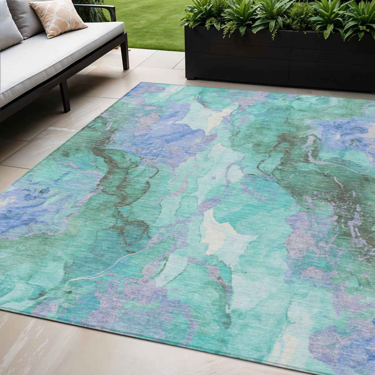 5' X 8' Teal Blue And Mint Green Abstract Washable Indoor Outdoor Area Rug