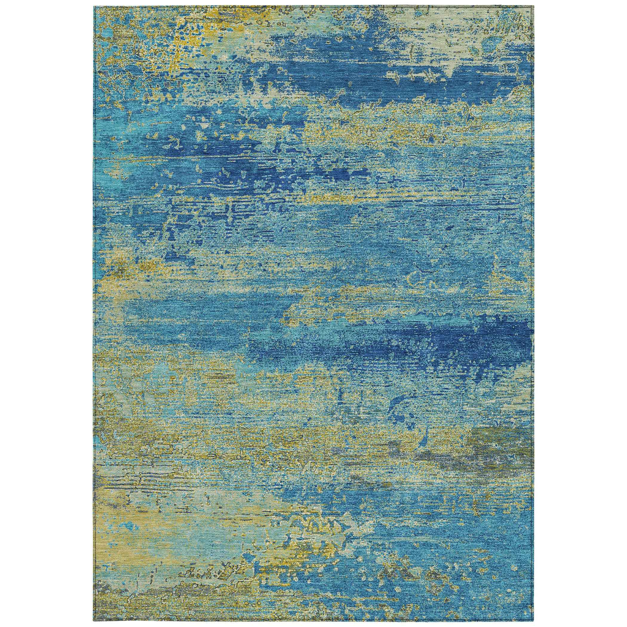9' X 12' Navy Blue Sky Blue And Olive Green Abstract Washable Indoor Outdoor Area Rug