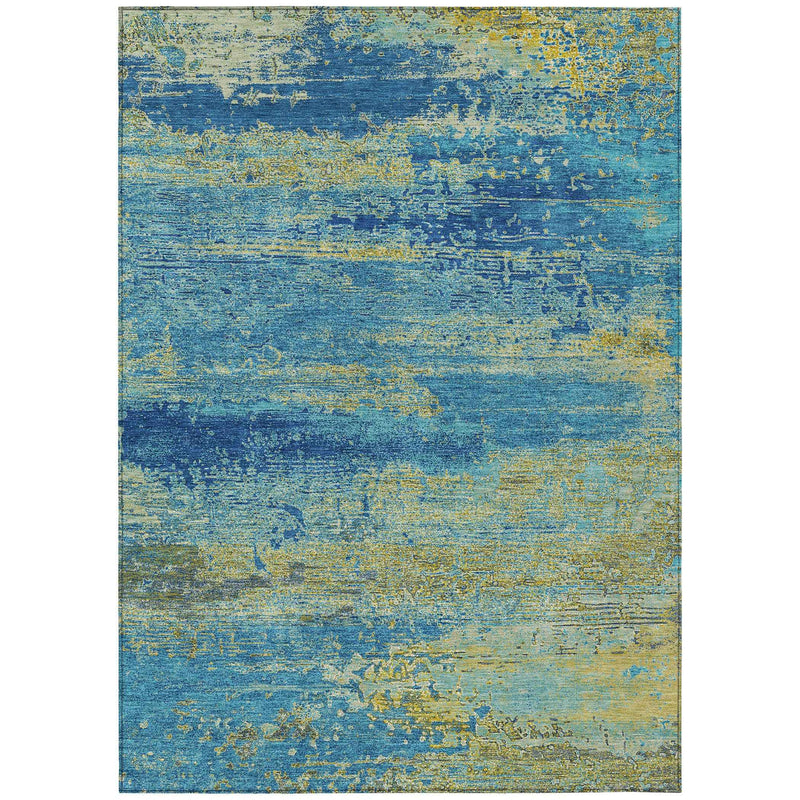 9' X 12' Navy Blue Sky Blue And Olive Green Abstract Washable Indoor Outdoor Area Rug