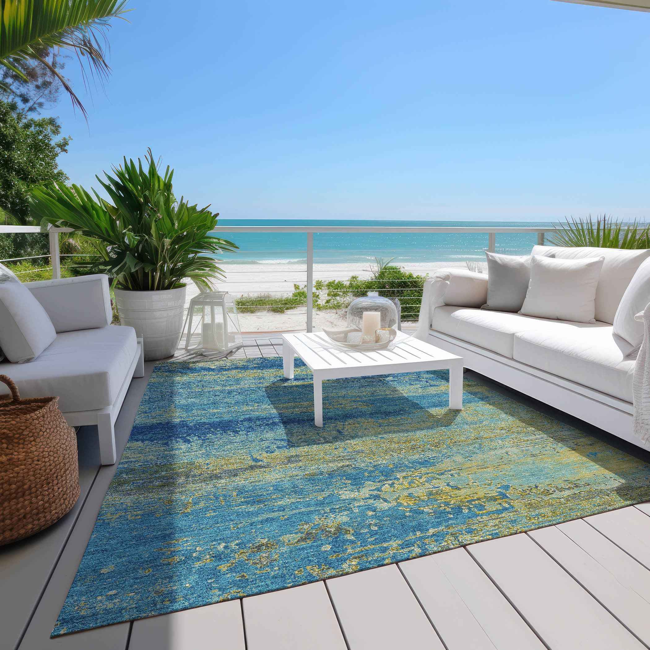 9' X 12' Navy Blue Sky Blue And Olive Green Abstract Washable Indoor Outdoor Area Rug