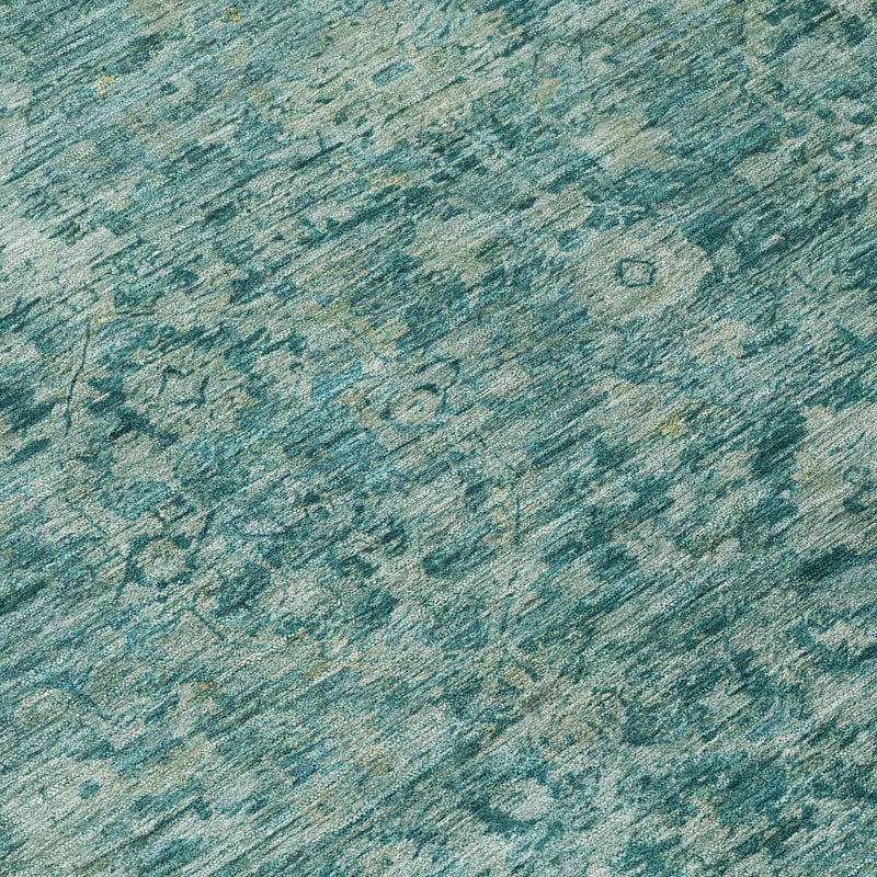8' Teal Blue And Olive Green Round Abstract Washable Indoor Outdoor Area Rug