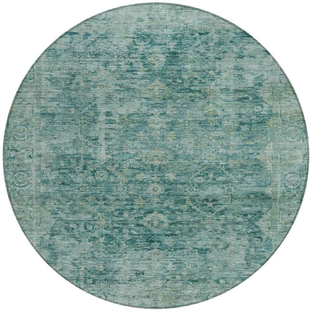 8' Teal Blue And Olive Green Round Abstract Washable Indoor Outdoor Area Rug