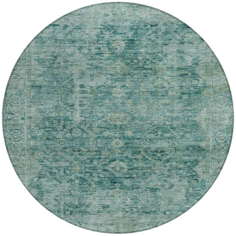 8' Teal Blue And Olive Green Round Abstract Washable Indoor Outdoor Area Rug