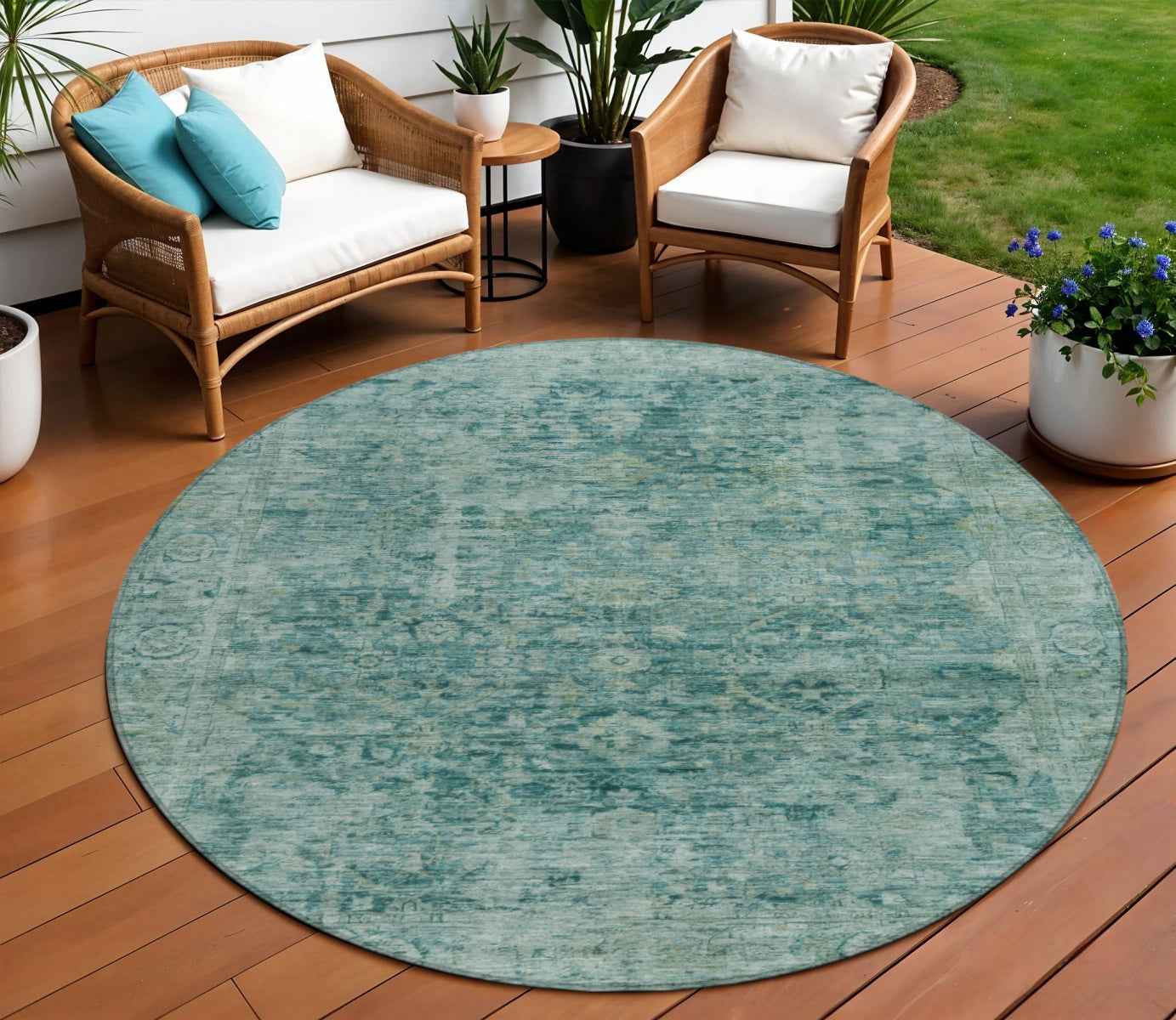 8' Teal Blue And Olive Green Round Abstract Washable Indoor Outdoor Area Rug