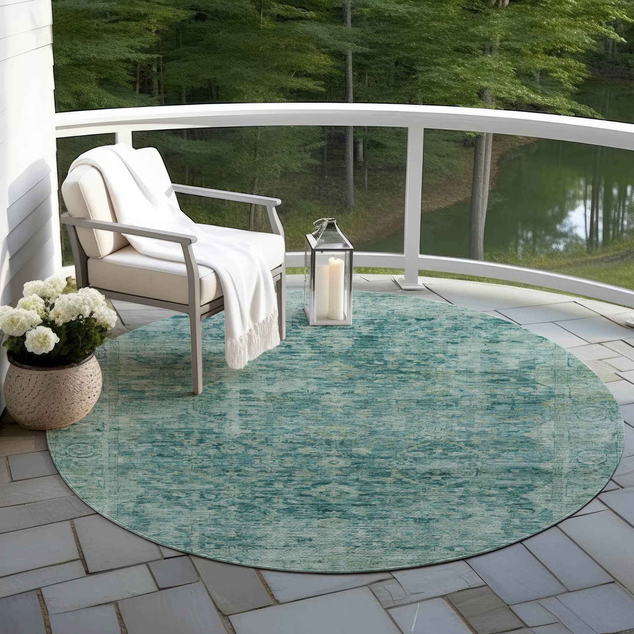 8' Teal Blue And Olive Green Round Abstract Washable Indoor Outdoor Area Rug