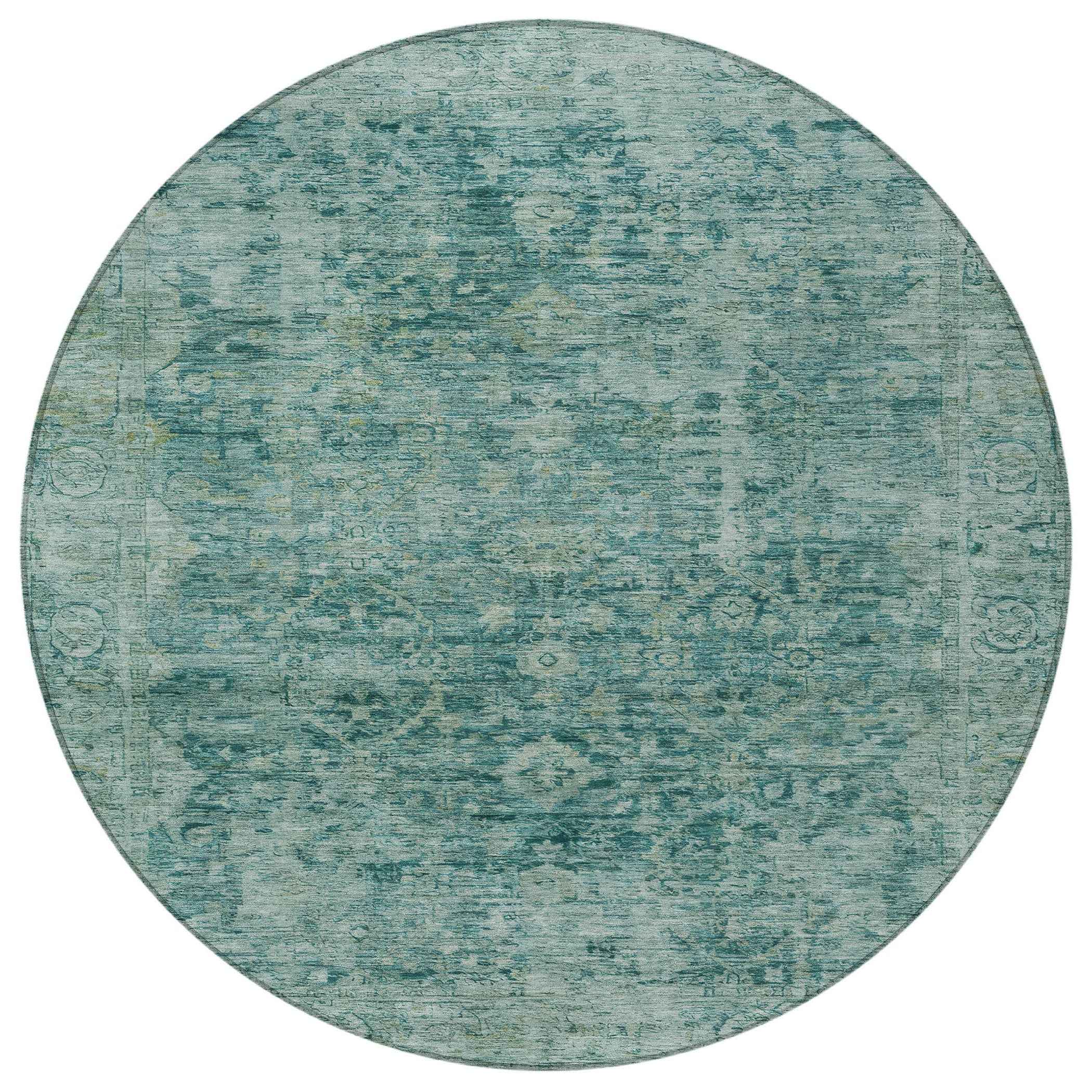 8' Teal Blue And Olive Green Round Abstract Washable Indoor Outdoor Area Rug