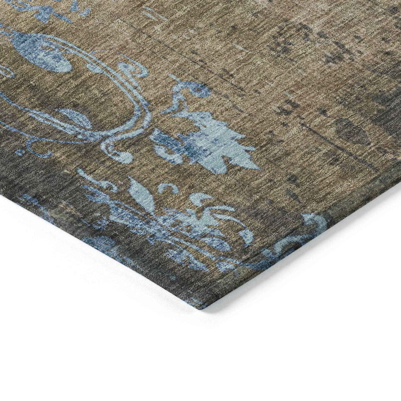 8' Taupe And Blue Round Floral Washable Indoor Outdoor Area Rug