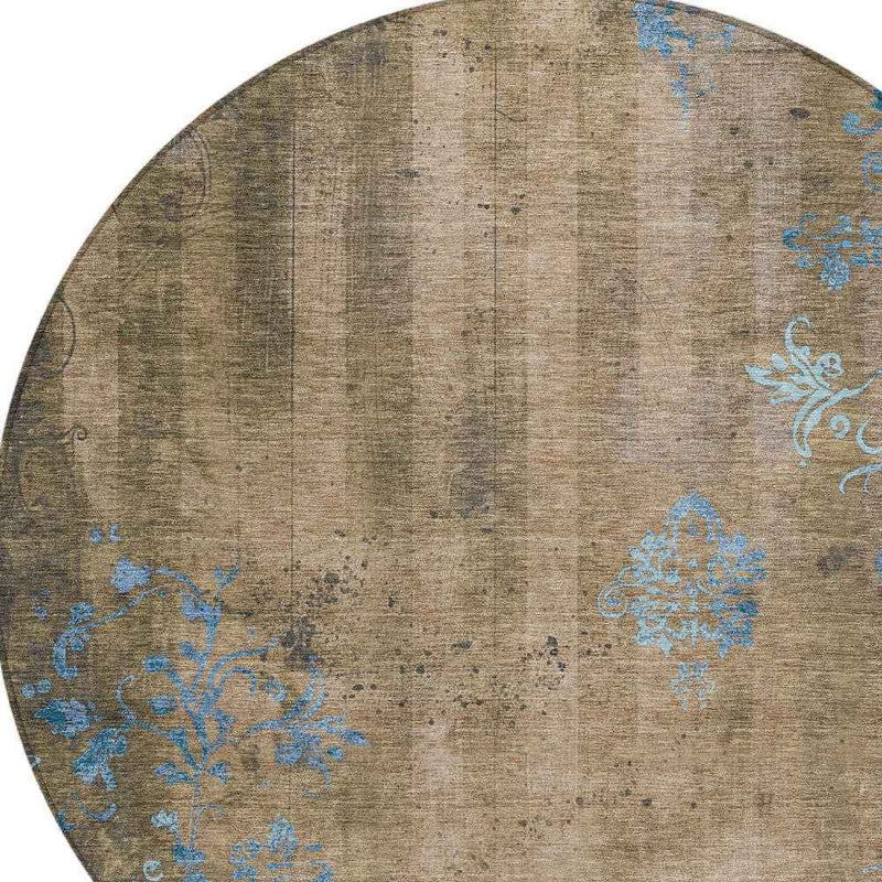 8' Taupe And Blue Round Floral Washable Indoor Outdoor Area Rug