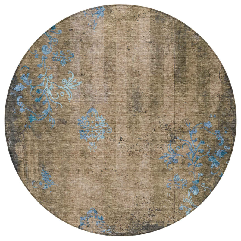 8' Taupe And Blue Round Floral Washable Indoor Outdoor Area Rug