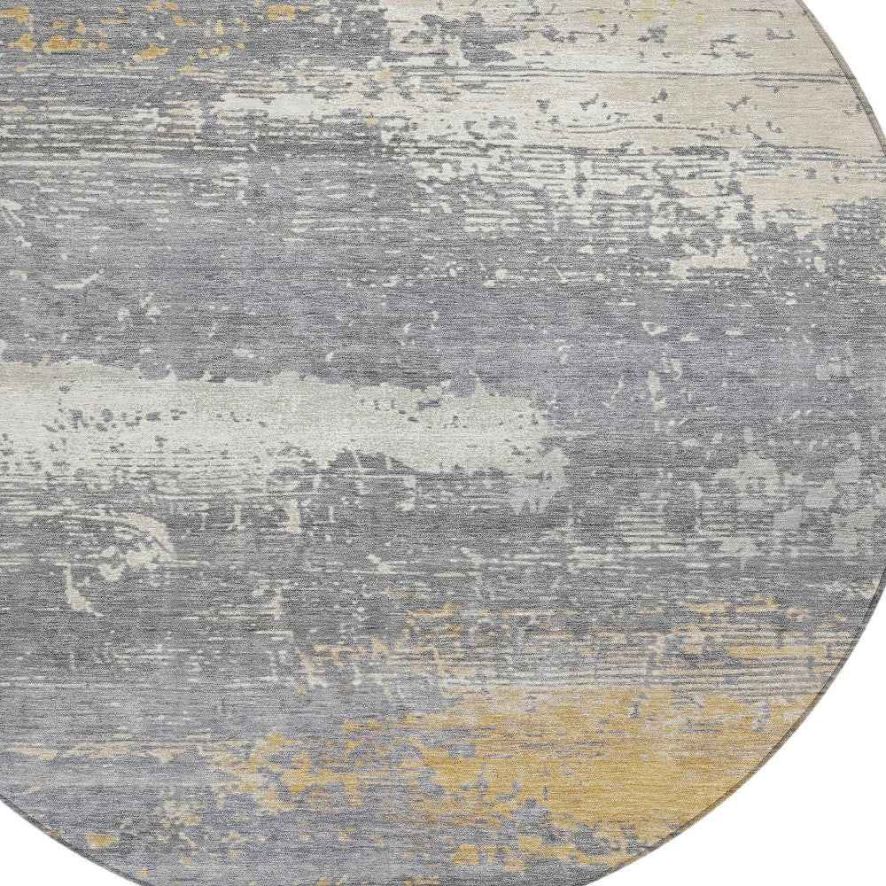 8' Gold Gray And Silver Round Abstract Washable Indoor Outdoor Area Rug