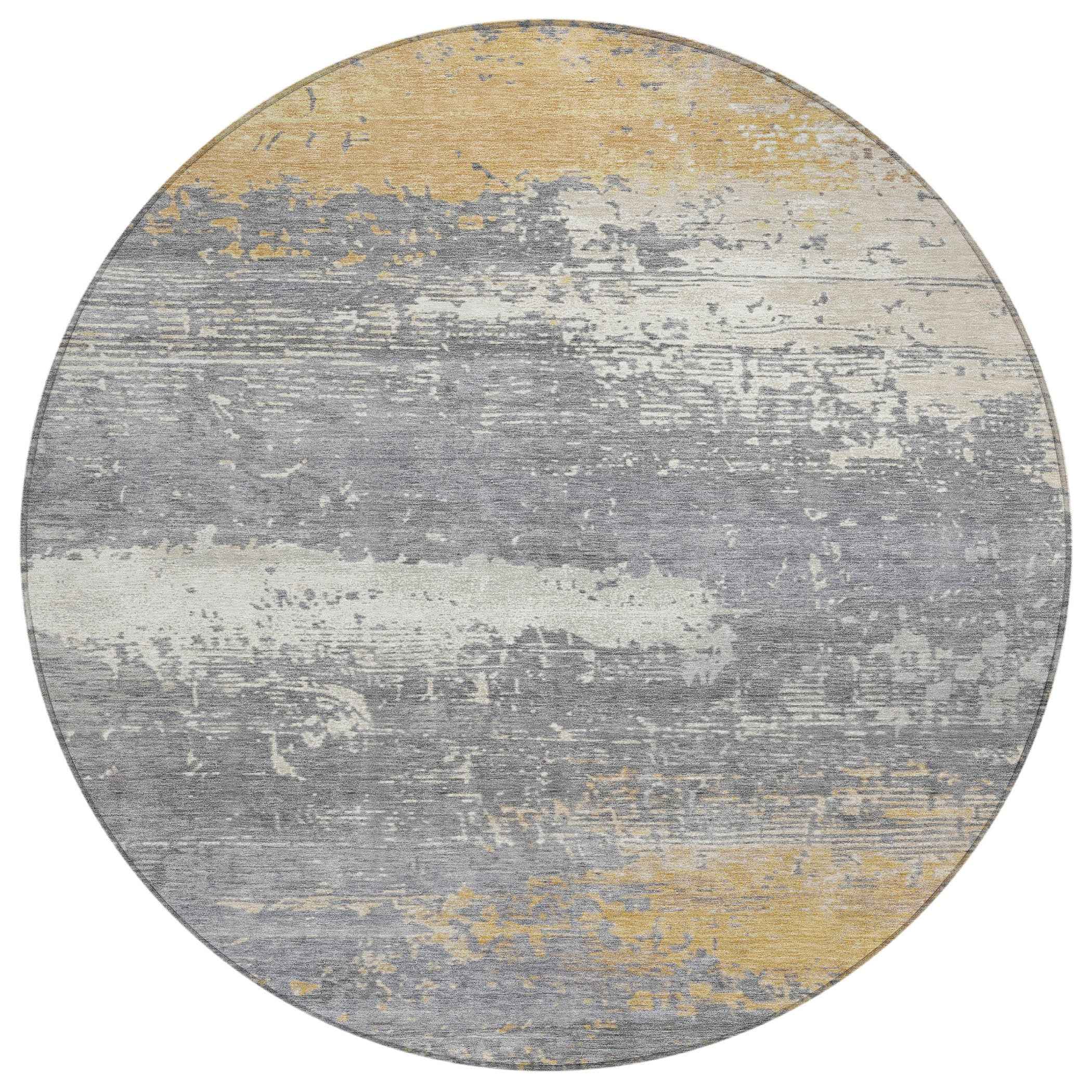 8' Gold Gray And Silver Round Abstract Washable Indoor Outdoor Area Rug