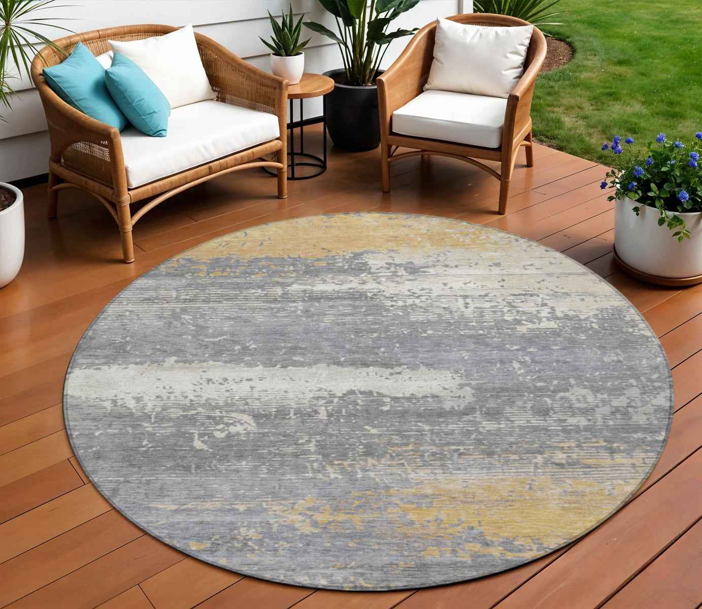 8' Gold Gray And Silver Round Abstract Washable Indoor Outdoor Area Rug