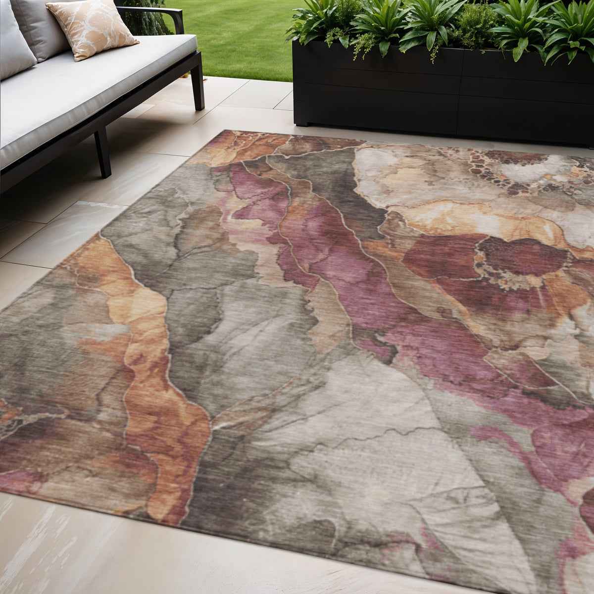 5' X 8' Khaki And Blush Floral Washable Indoor Outdoor Area Rug