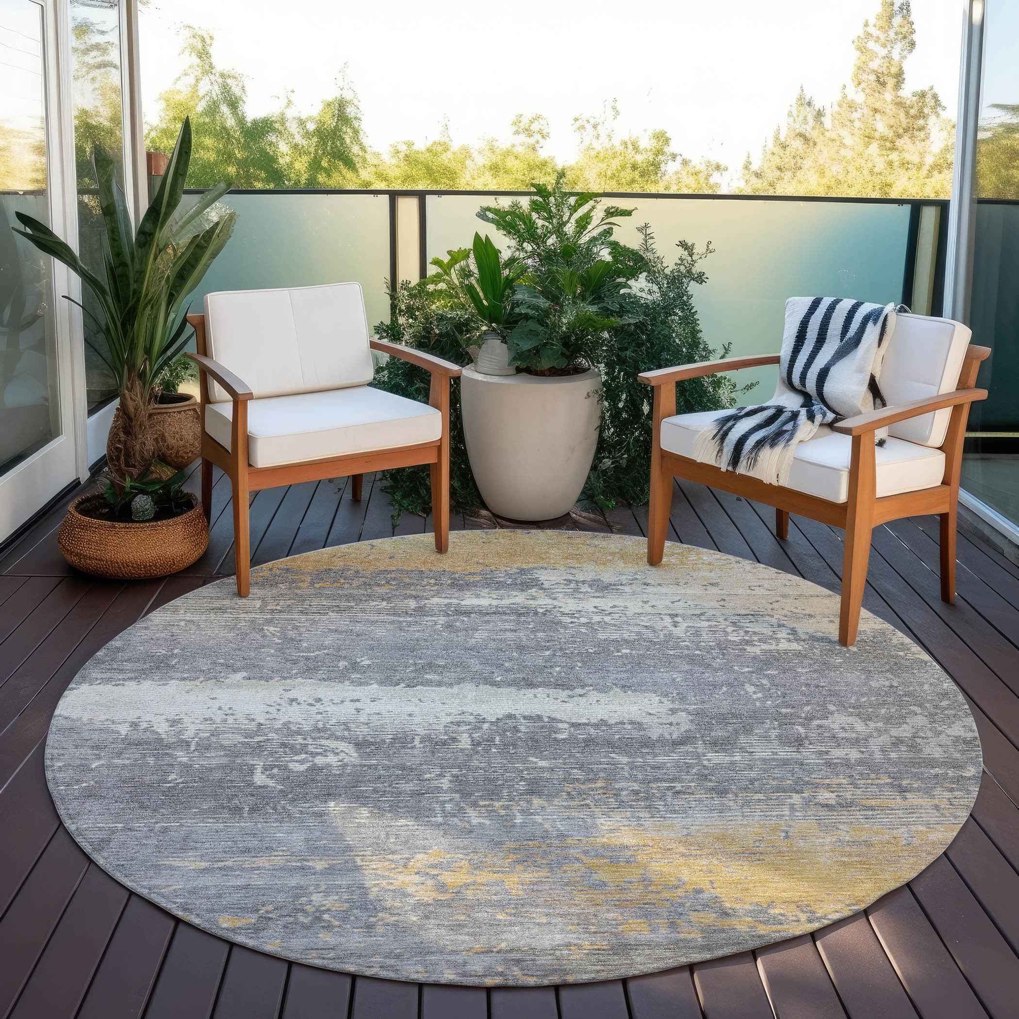 8' Gold Gray And Silver Round Abstract Washable Indoor Outdoor Area Rug