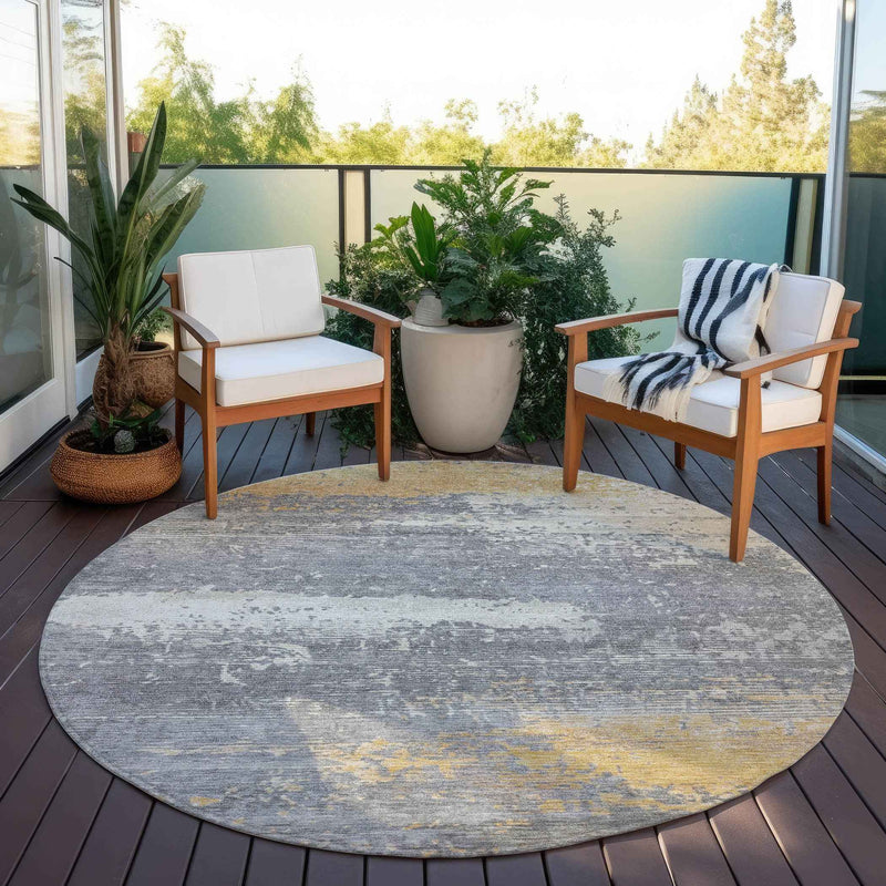 8' Gold Gray And Silver Round Abstract Washable Indoor Outdoor Area Rug