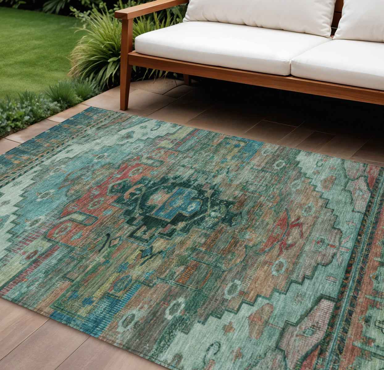 9' X 12' Teal Blue Copper And Gold Tribal Washable Indoor Outdoor Area Rug