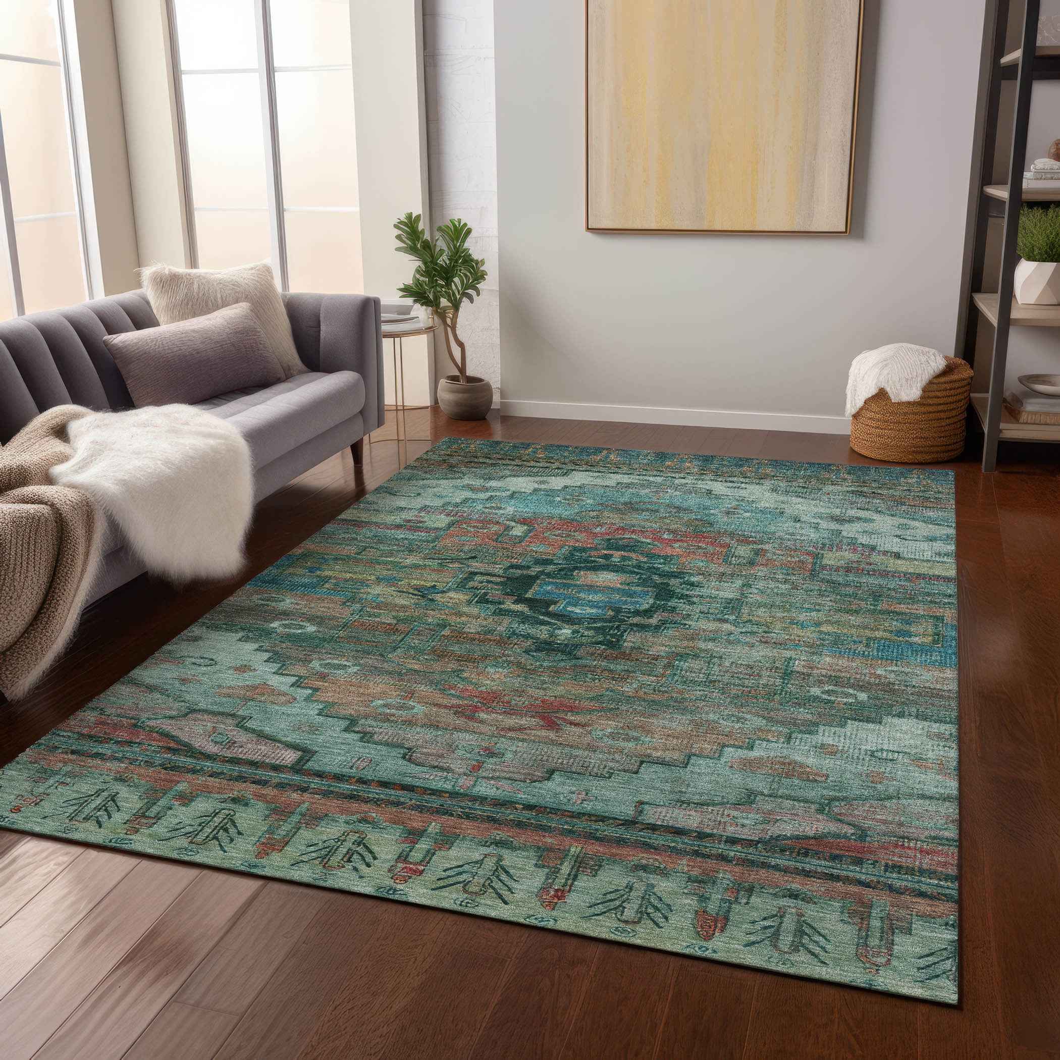 9' X 12' Teal Blue Copper And Gold Tribal Washable Indoor Outdoor Area Rug