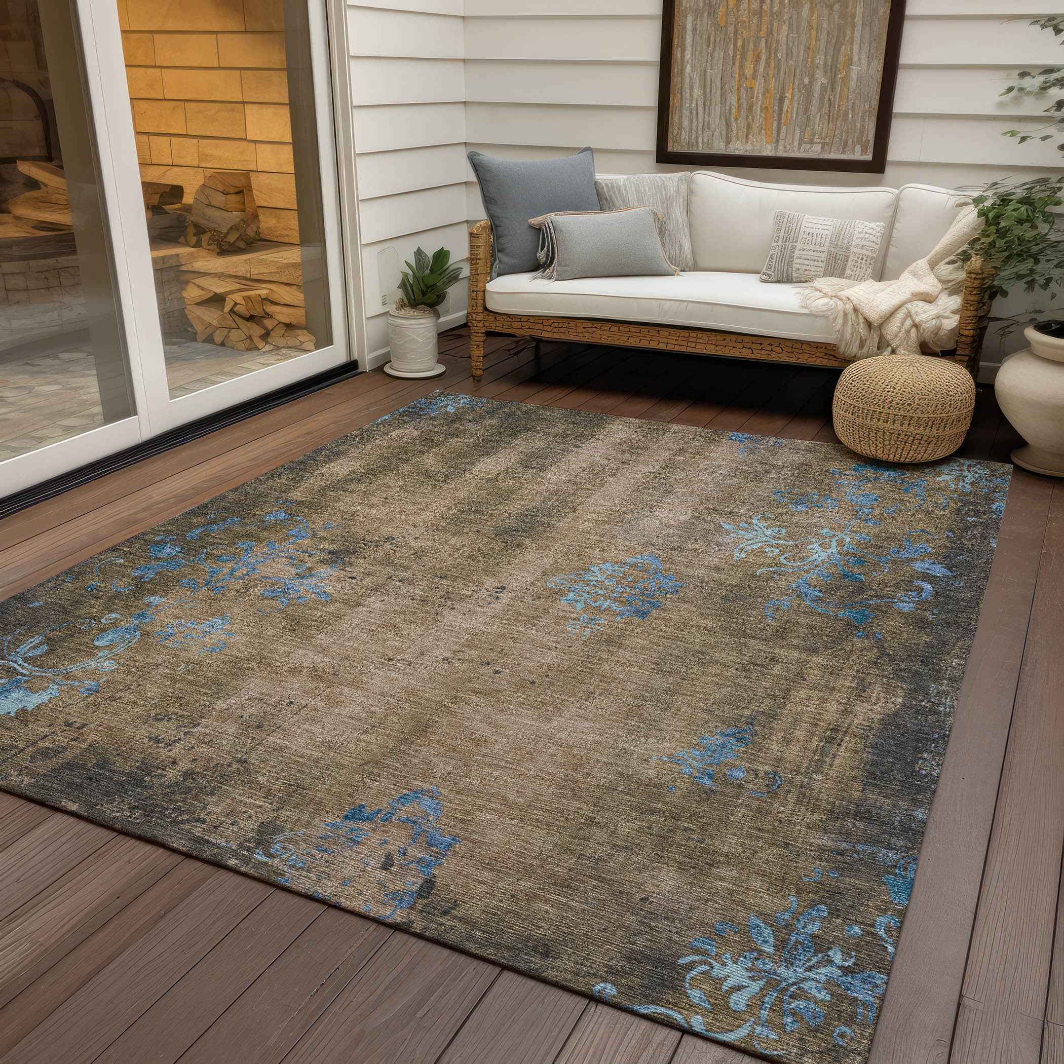3' X 5' Taupe And Blue Floral Washable Indoor Outdoor Area Rug
