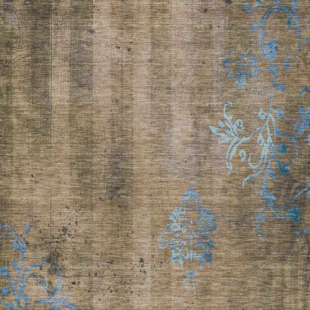 3' X 5' Taupe And Blue Floral Washable Indoor Outdoor Area Rug