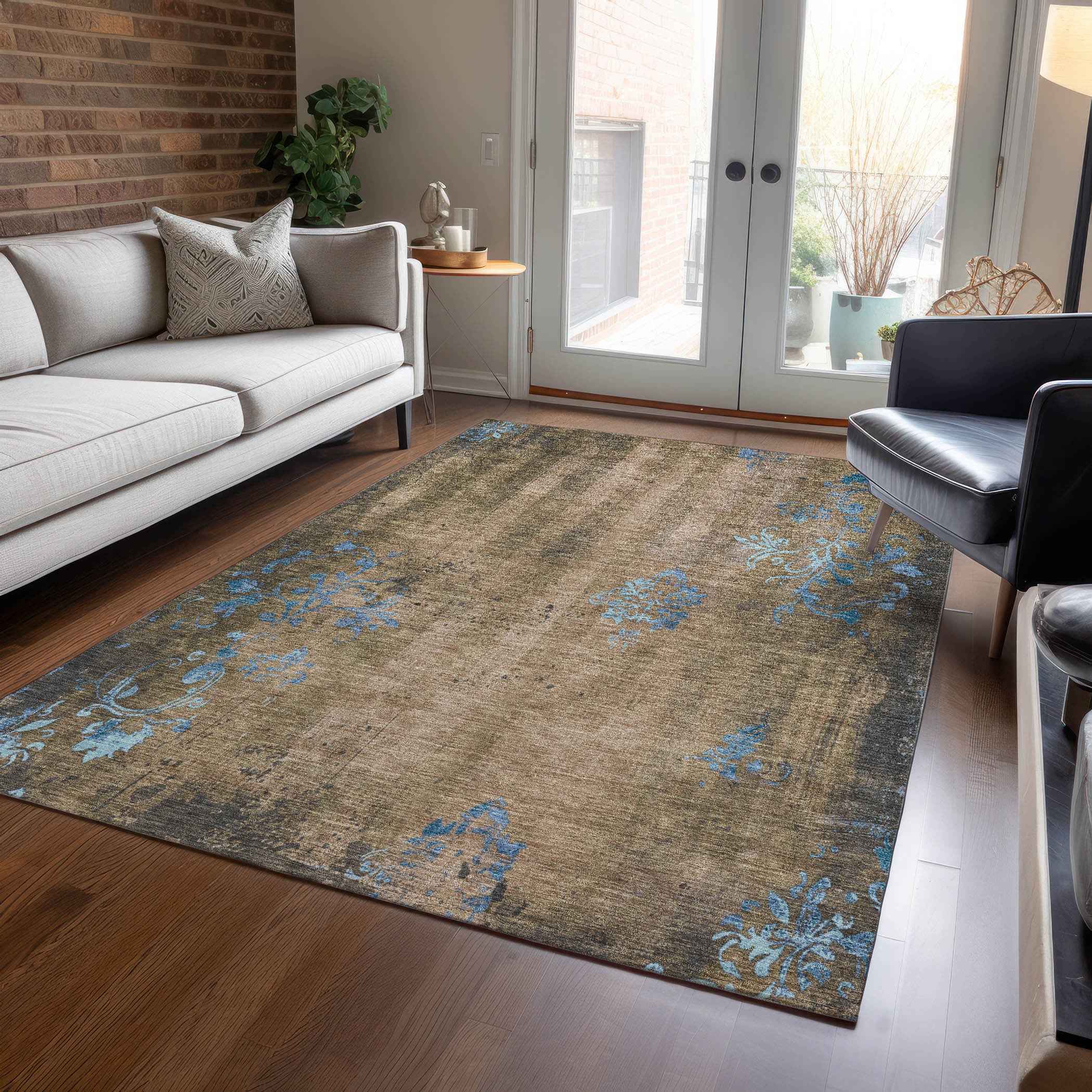 3' X 5' Taupe And Blue Floral Washable Indoor Outdoor Area Rug