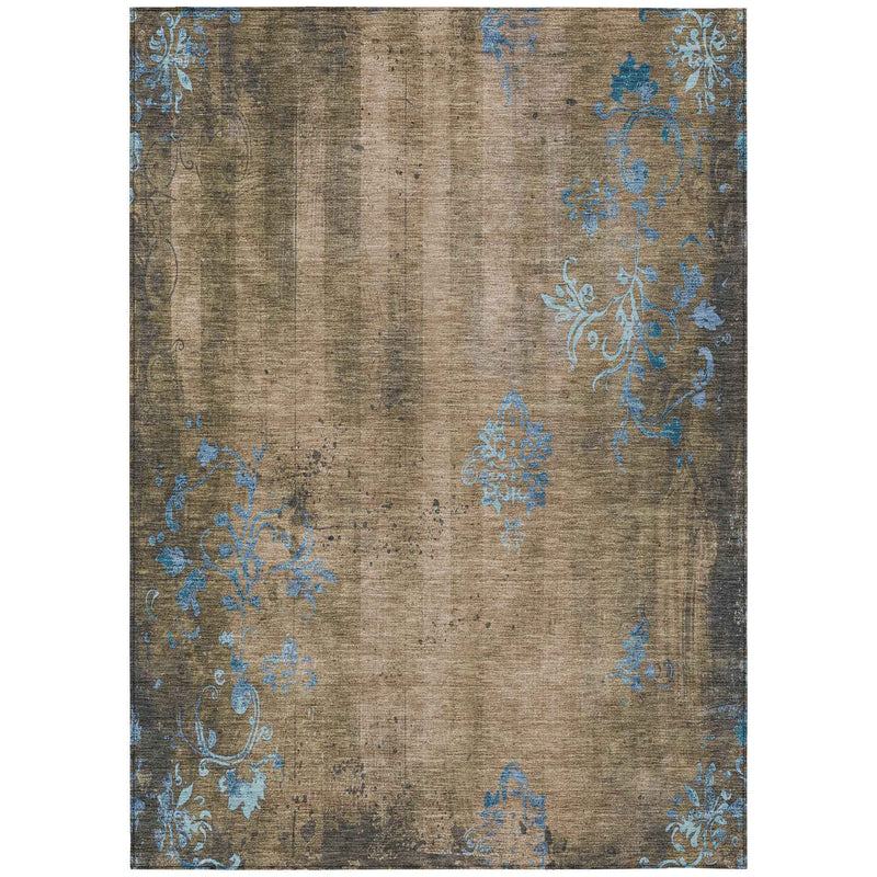 3' X 5' Taupe And Blue Floral Washable Indoor Outdoor Area Rug