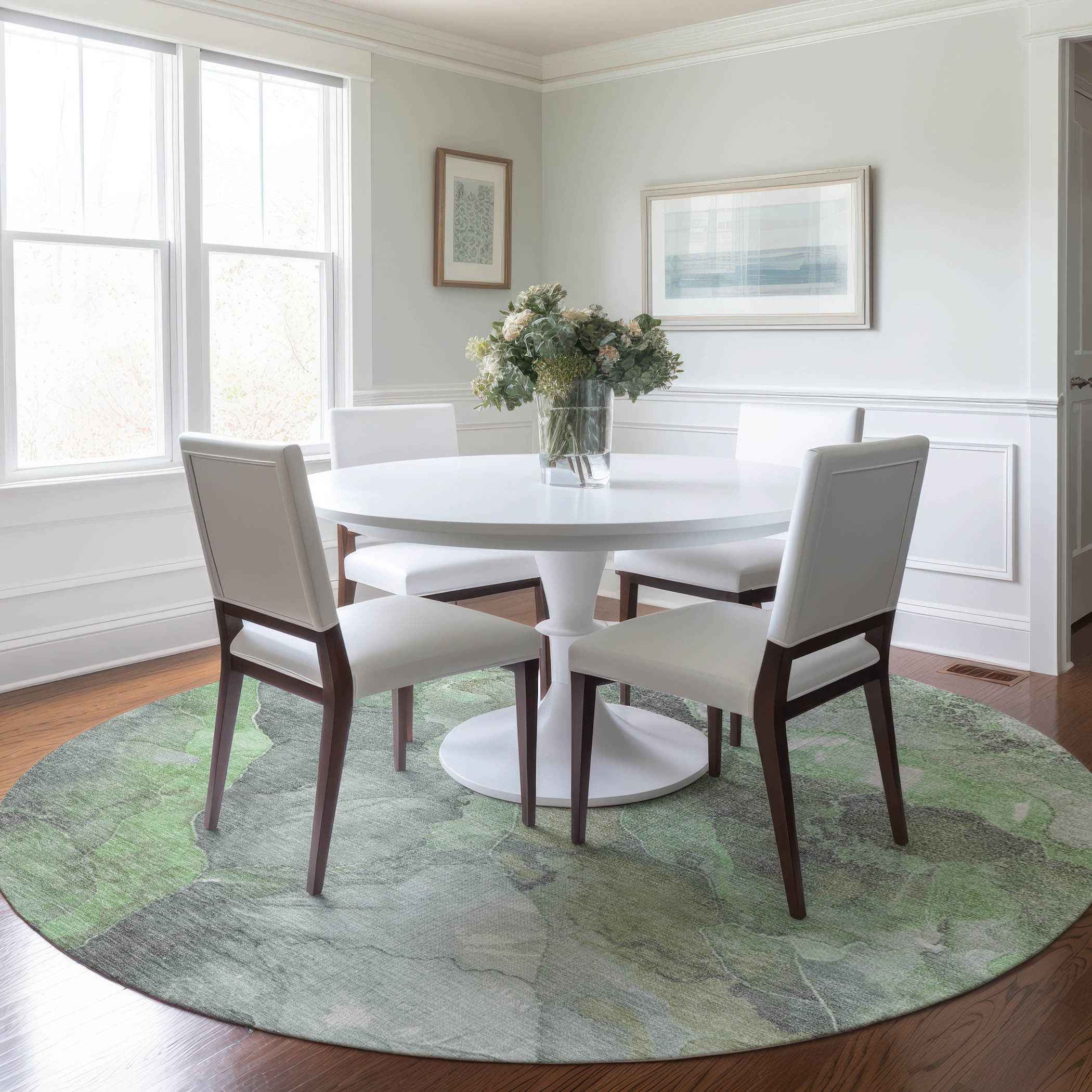 8' Green And Gray Round Floral Washable Indoor Outdoor Area Rug