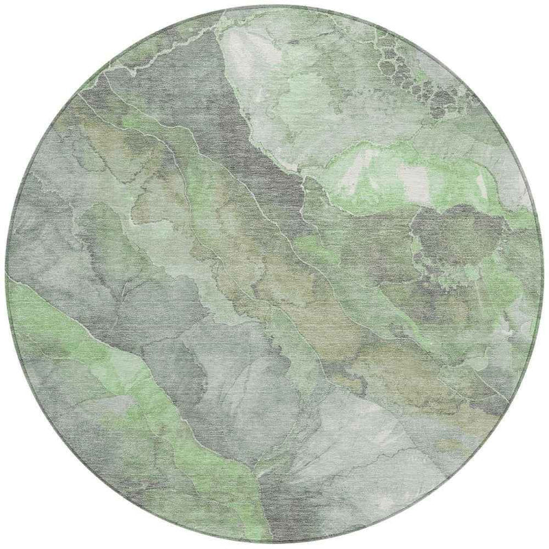8' Green And Gray Round Floral Washable Indoor Outdoor Area Rug