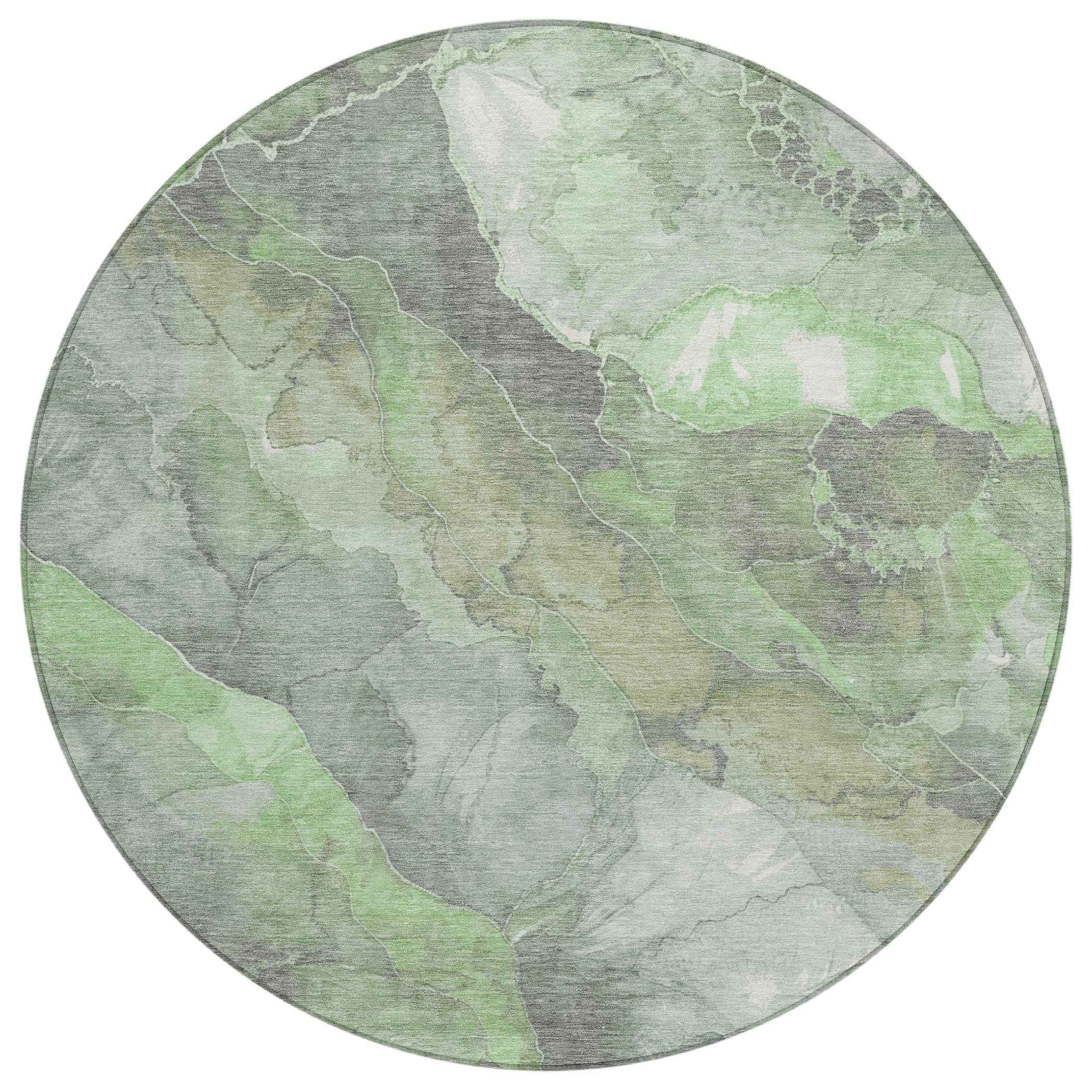 8' Green And Gray Round Floral Washable Indoor Outdoor Area Rug