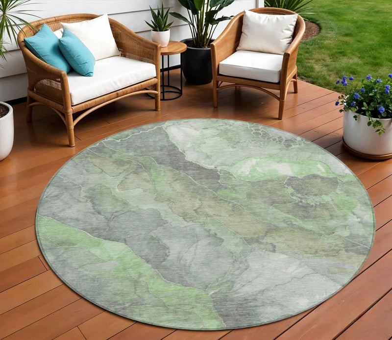 8' Green And Gray Round Floral Washable Indoor Outdoor Area Rug