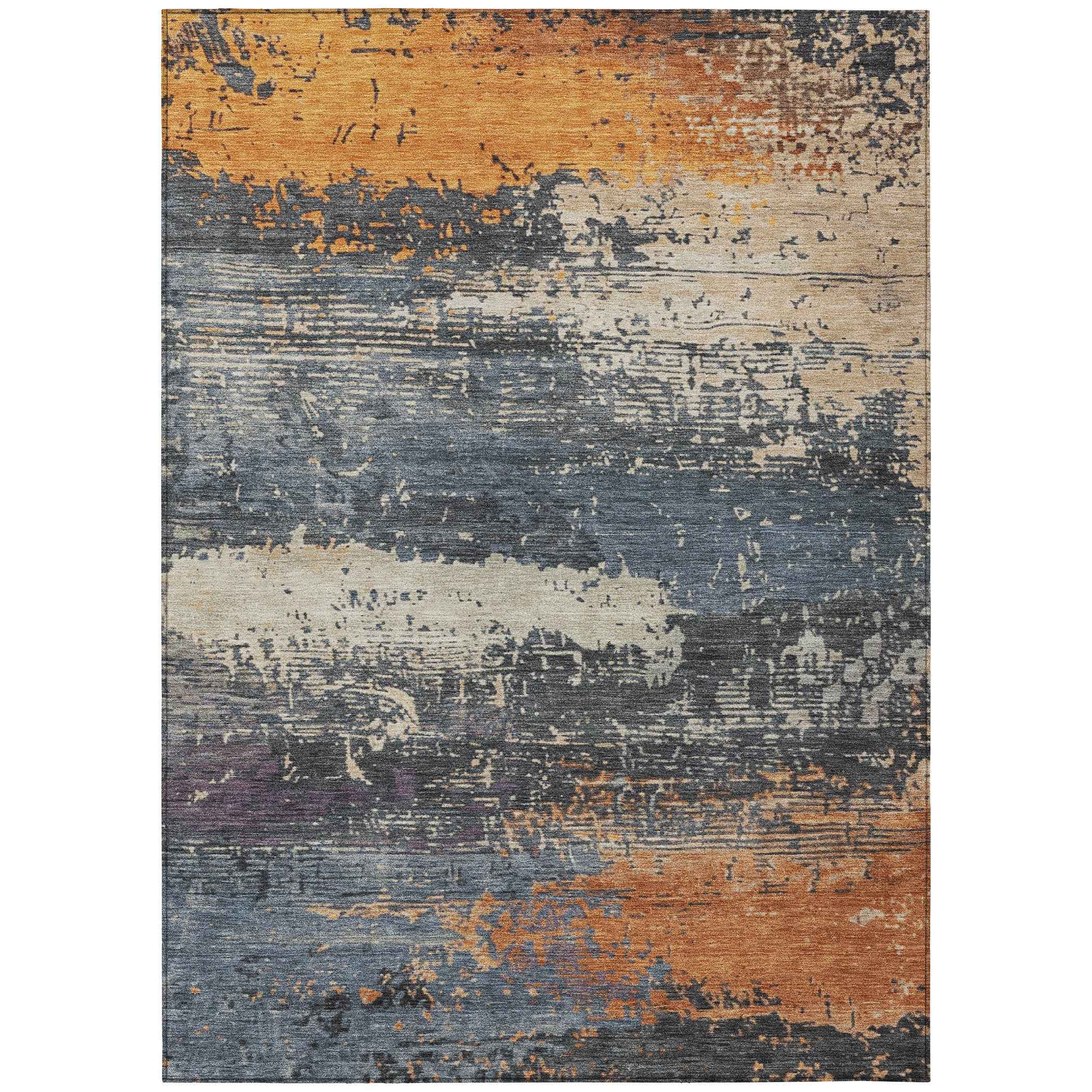8' X 10' Blue Gray And Orange Abstract Washable Indoor Outdoor Area Rug