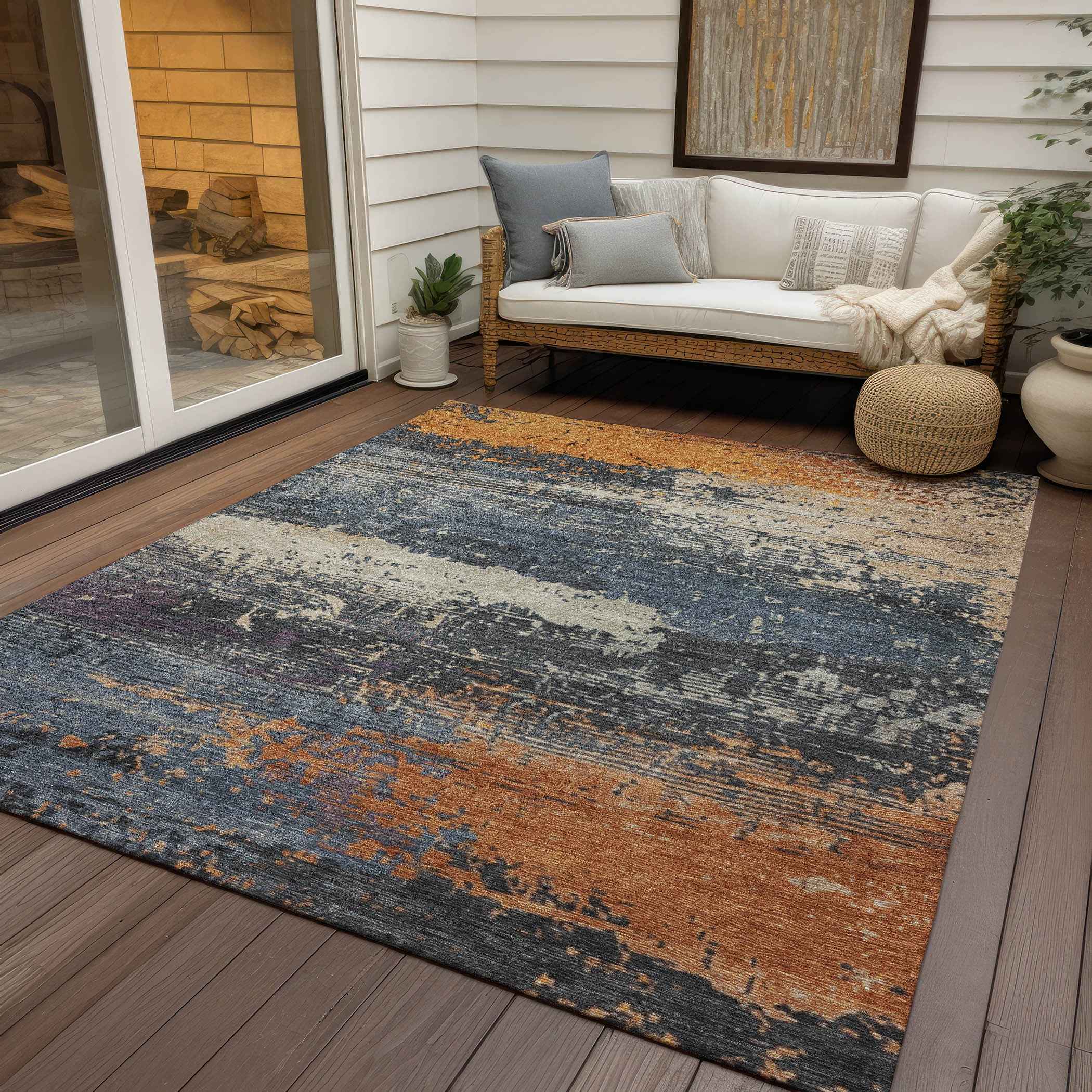 8' X 10' Blue Gray And Orange Abstract Washable Indoor Outdoor Area Rug