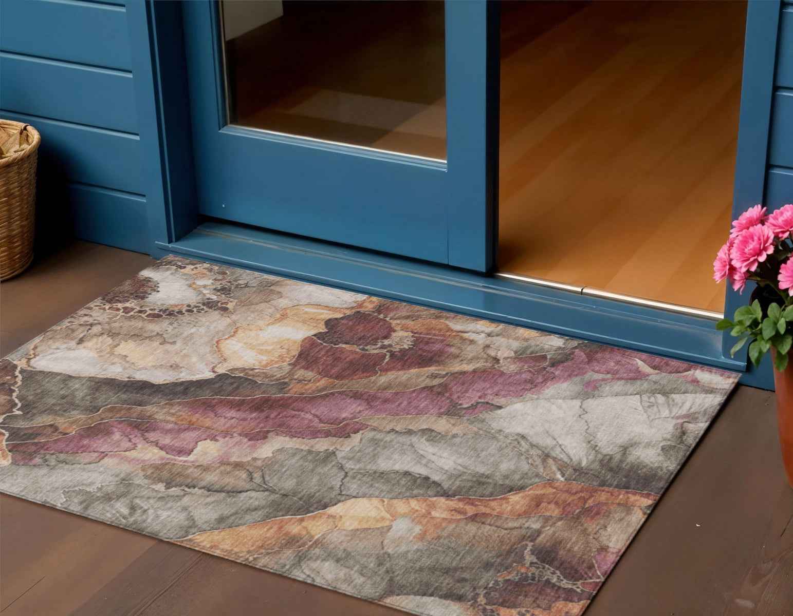 3' X 5' Khaki And Blush Floral Washable Indoor Outdoor Area Rug