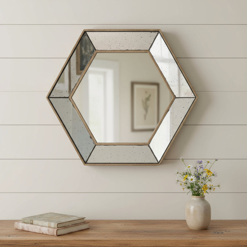 18" Hexagon Wall Mounted Vintage Style Glass Frame Accent Mirror - Bed & Bath