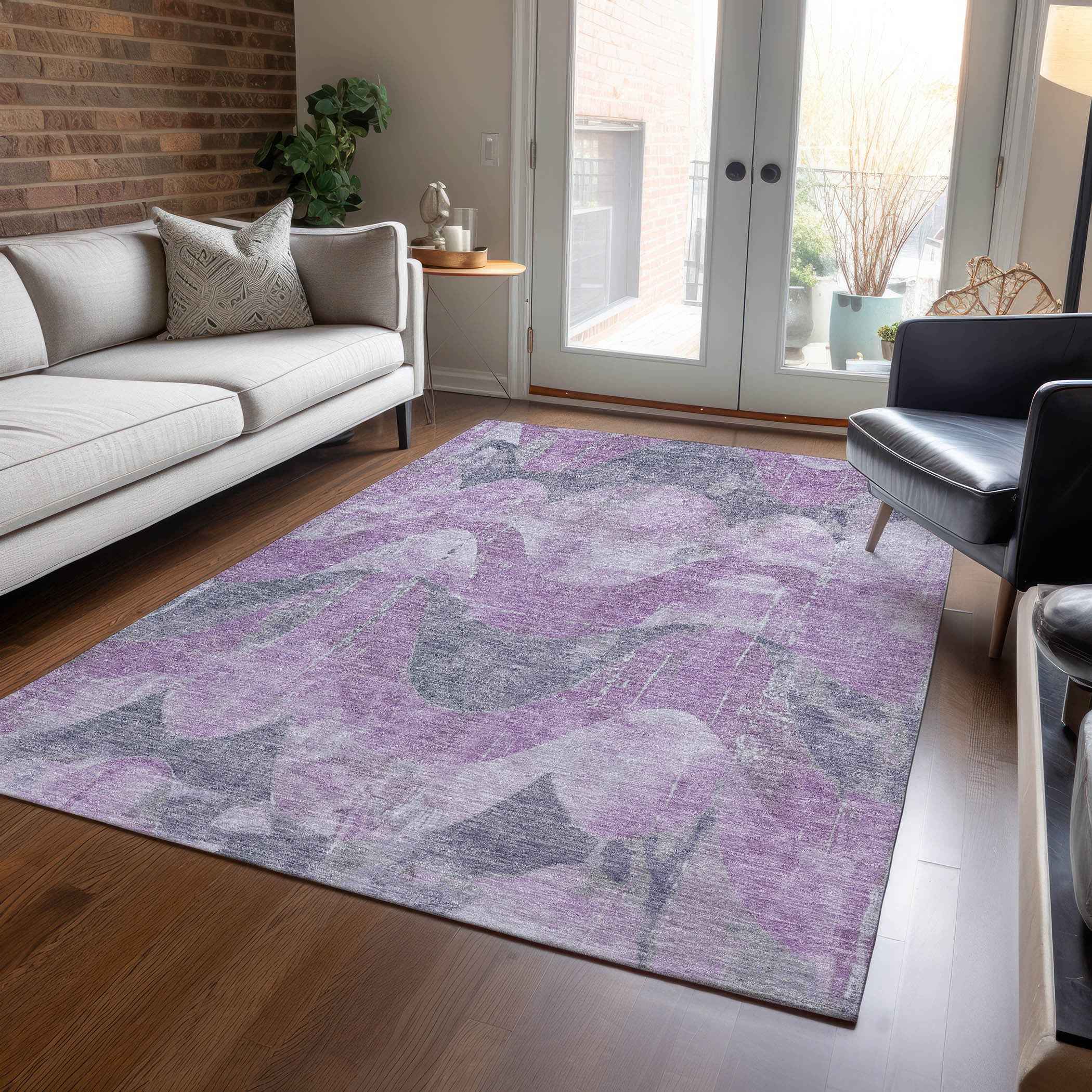 3' X 5' Lavender And Gray Abstract Washable Indoor Outdoor Area Rug
