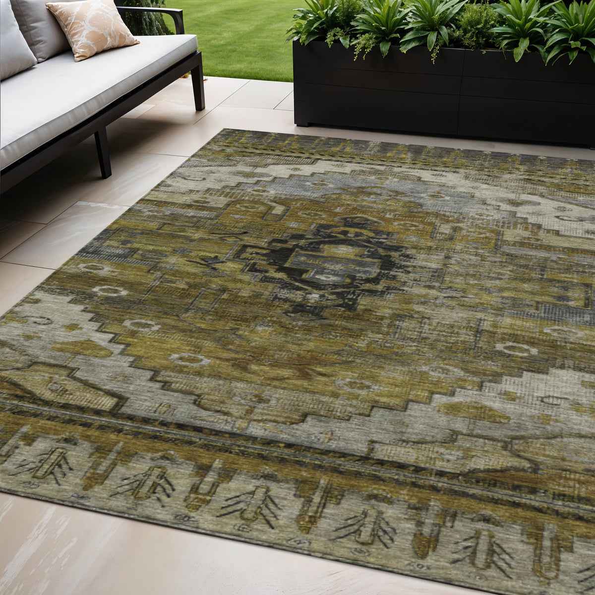 5' X 8' Brown Ivory And Gray Tribal Washable Indoor Outdoor Area Rug