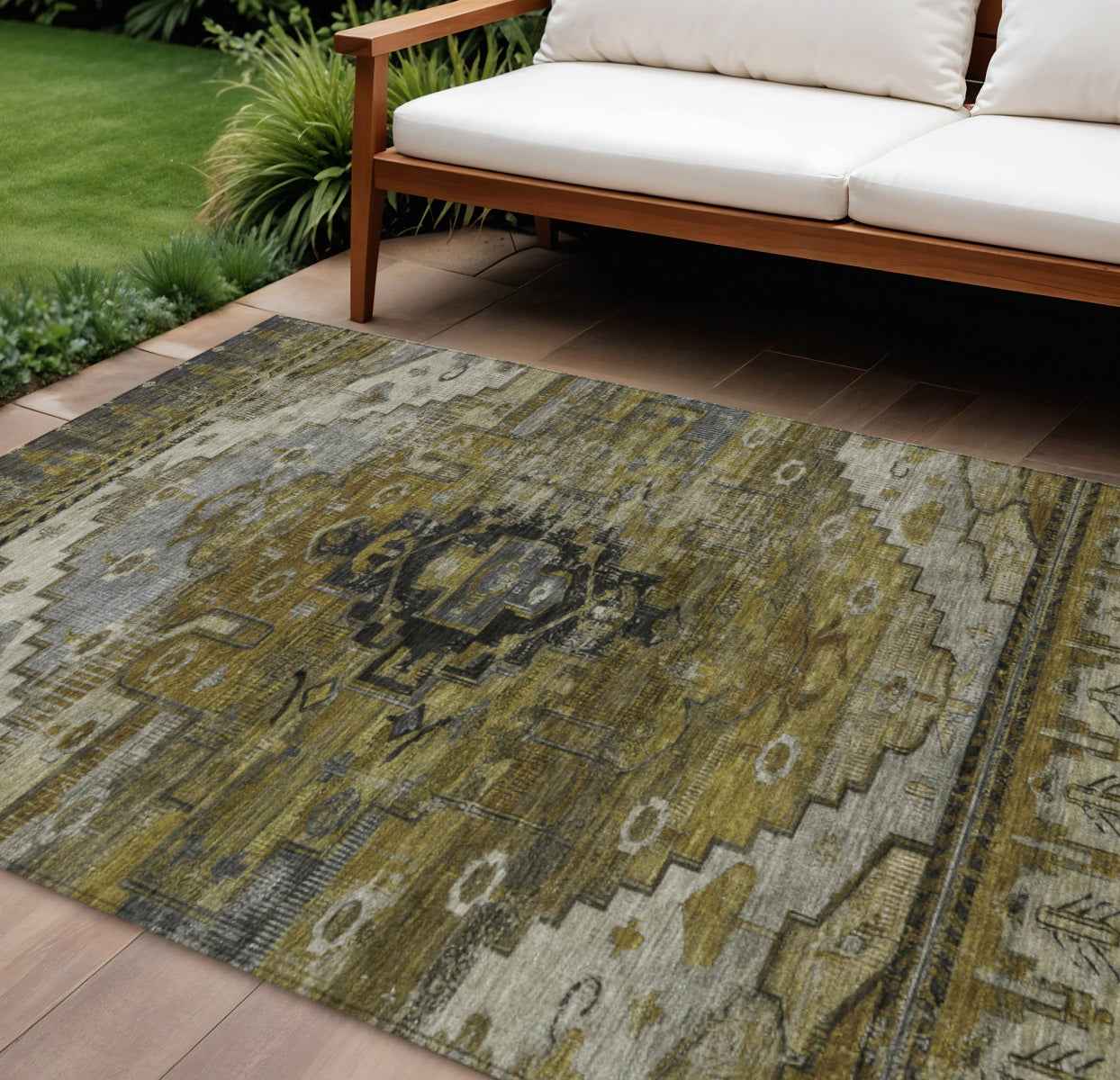 8' X 10' Brown Ivory And Gray Tribal Washable Indoor Outdoor Area Rug