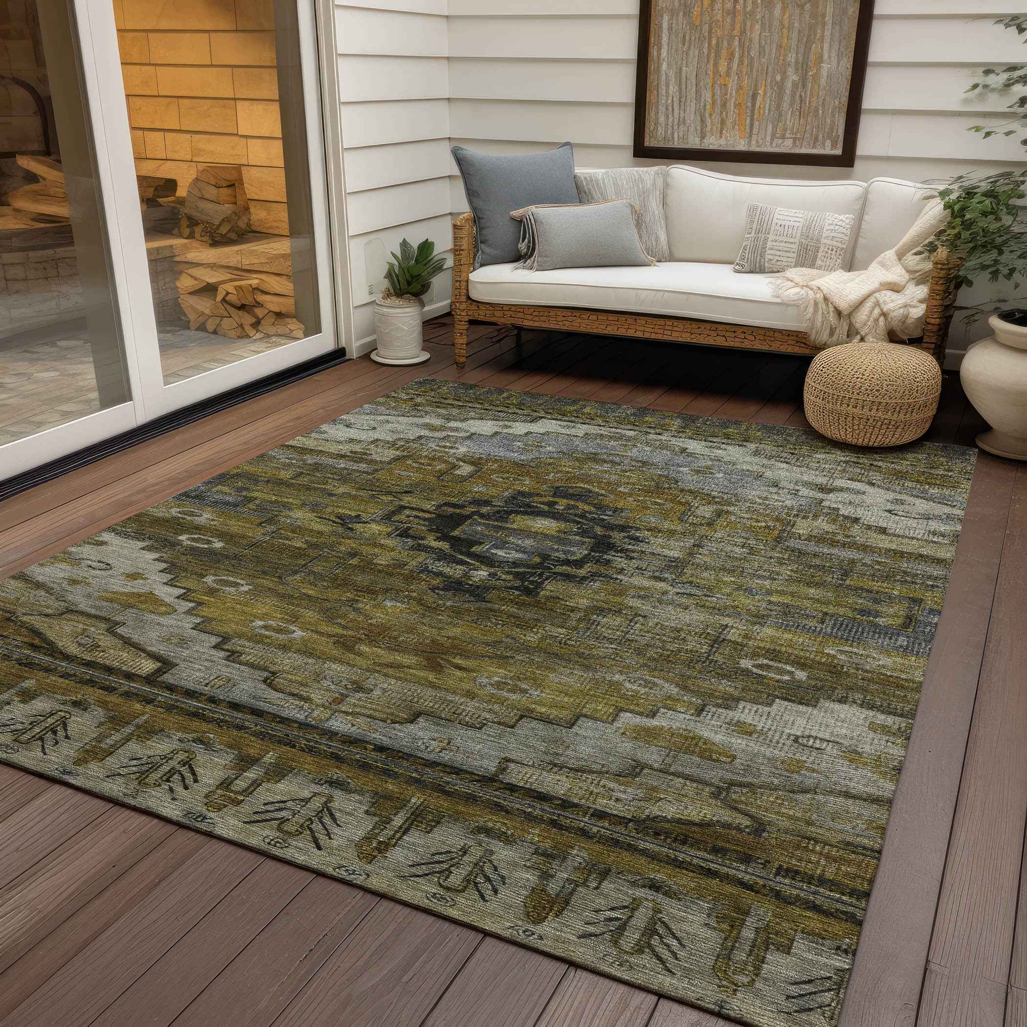 8' X 10' Brown Ivory And Gray Tribal Washable Indoor Outdoor Area Rug