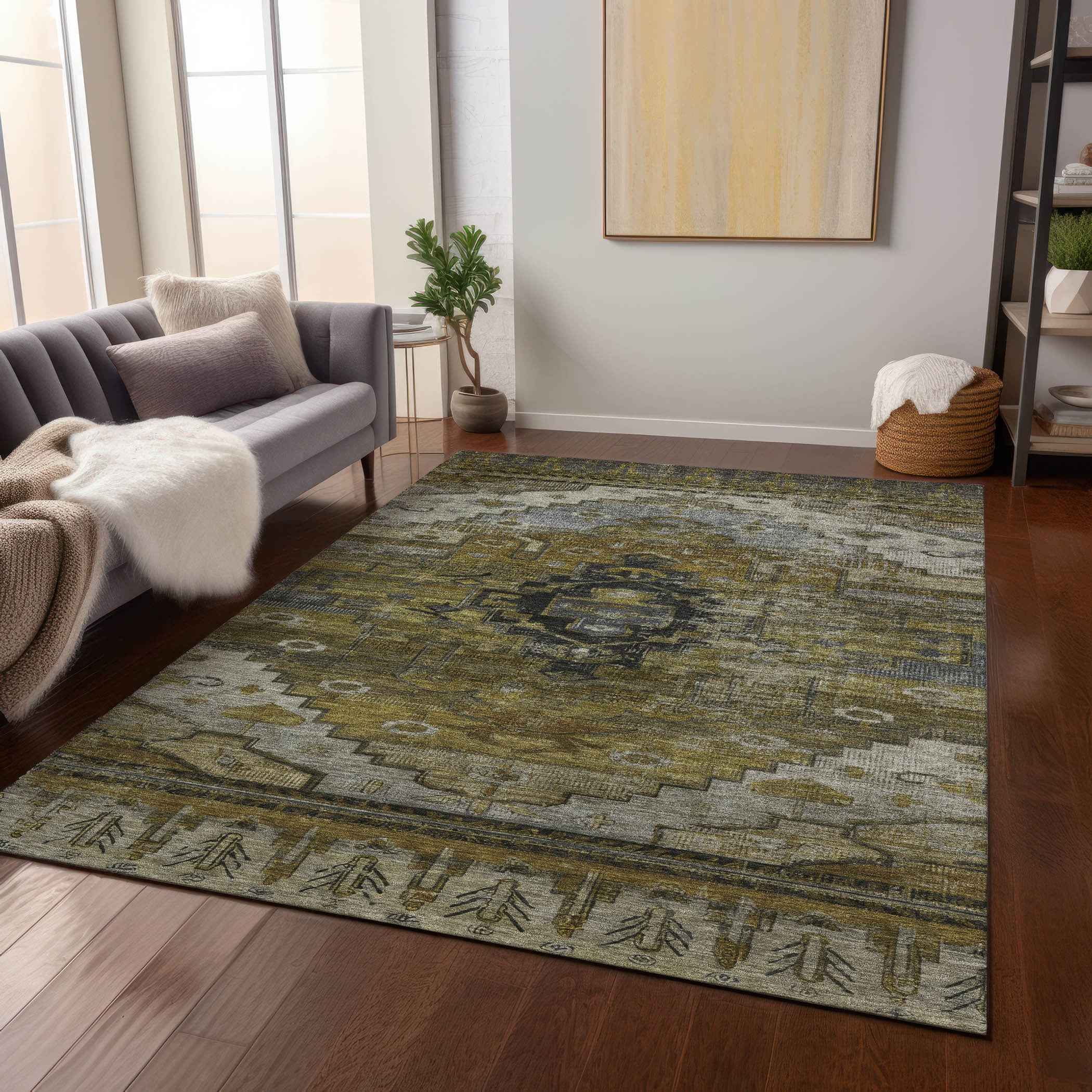 8' X 10' Brown Ivory And Gray Tribal Washable Indoor Outdoor Area Rug