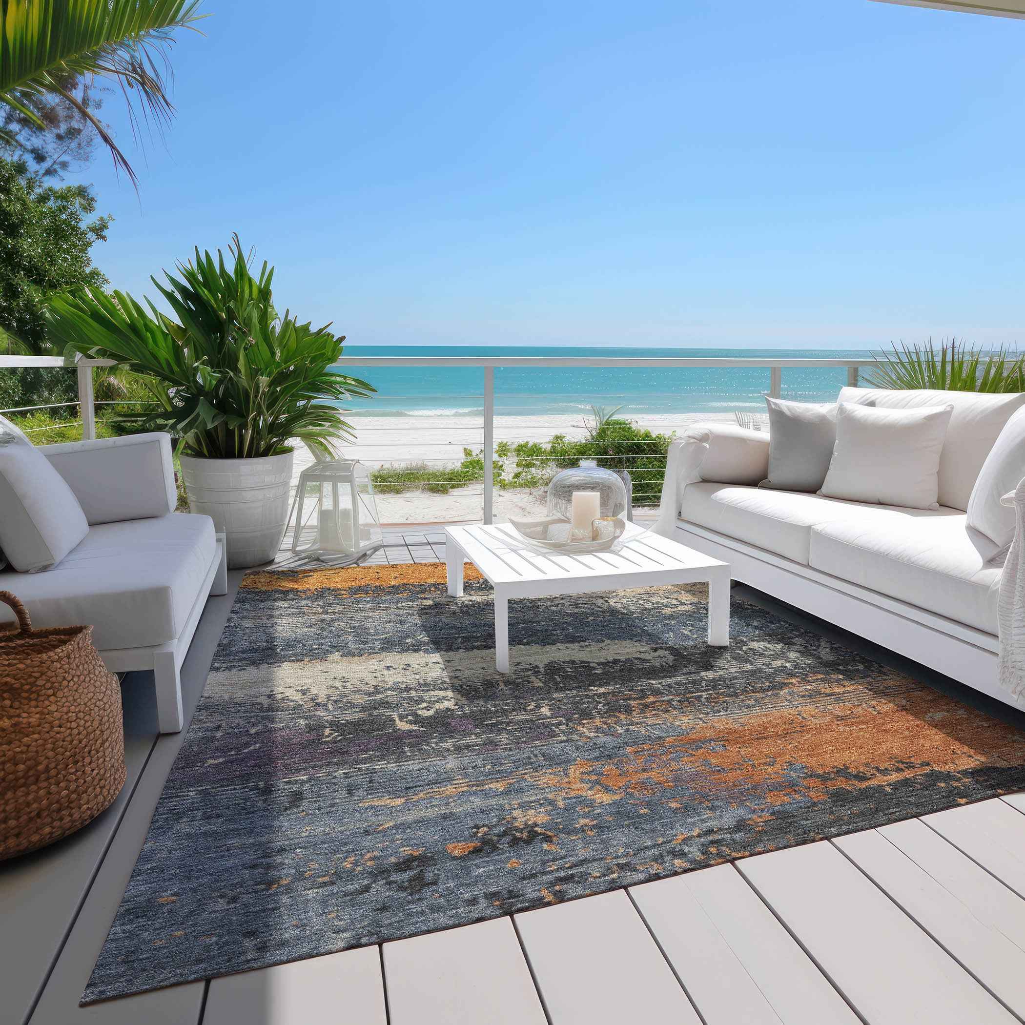 5' X 8' Blue Gray And Orange Abstract Washable Indoor Outdoor Area Rug