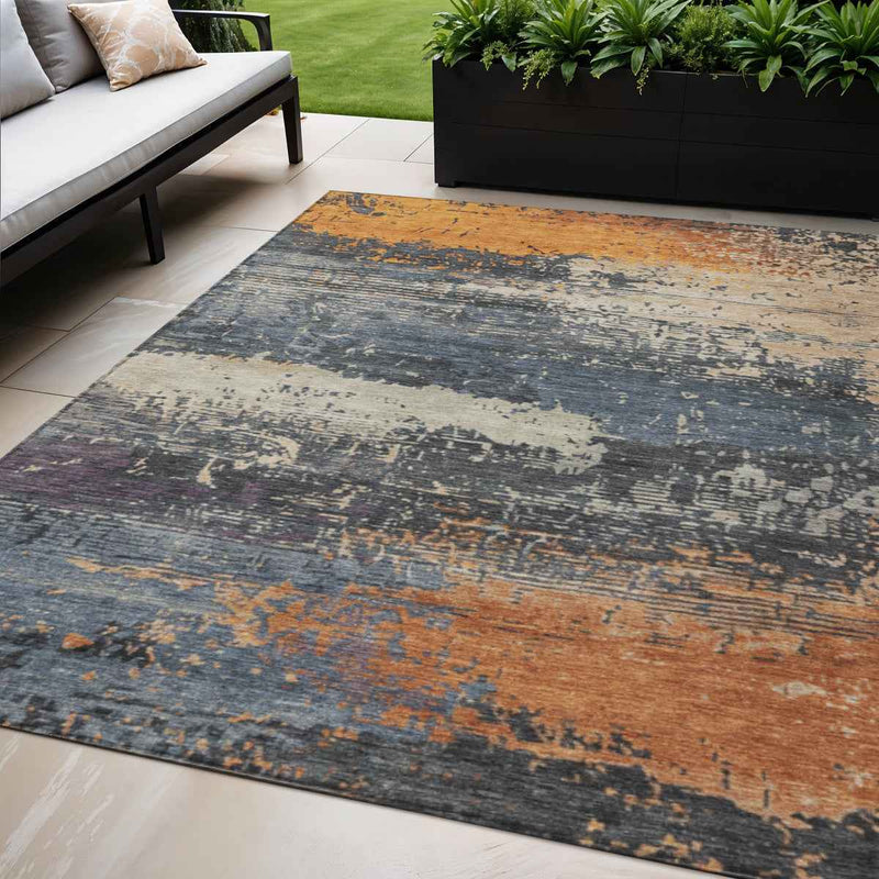5' X 8' Blue Gray And Orange Abstract Washable Indoor Outdoor Area Rug
