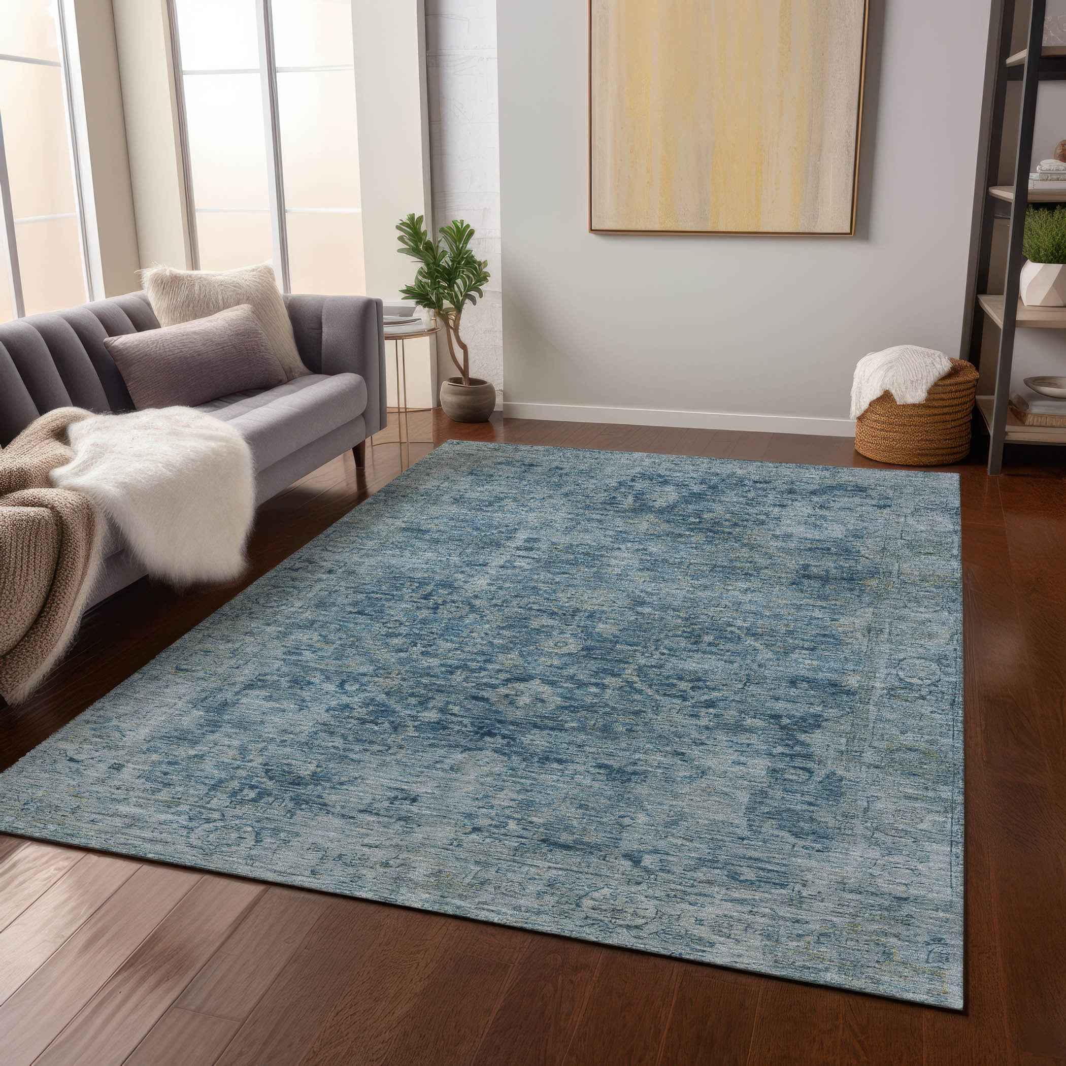10' X 14' Blue And Gray Abstract Washable Indoor Outdoor Area Rug