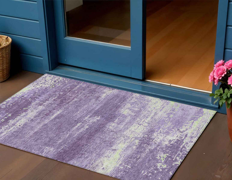 3' X 5' Purple And Ivory Abstract Washable Indoor Outdoor Area Rug